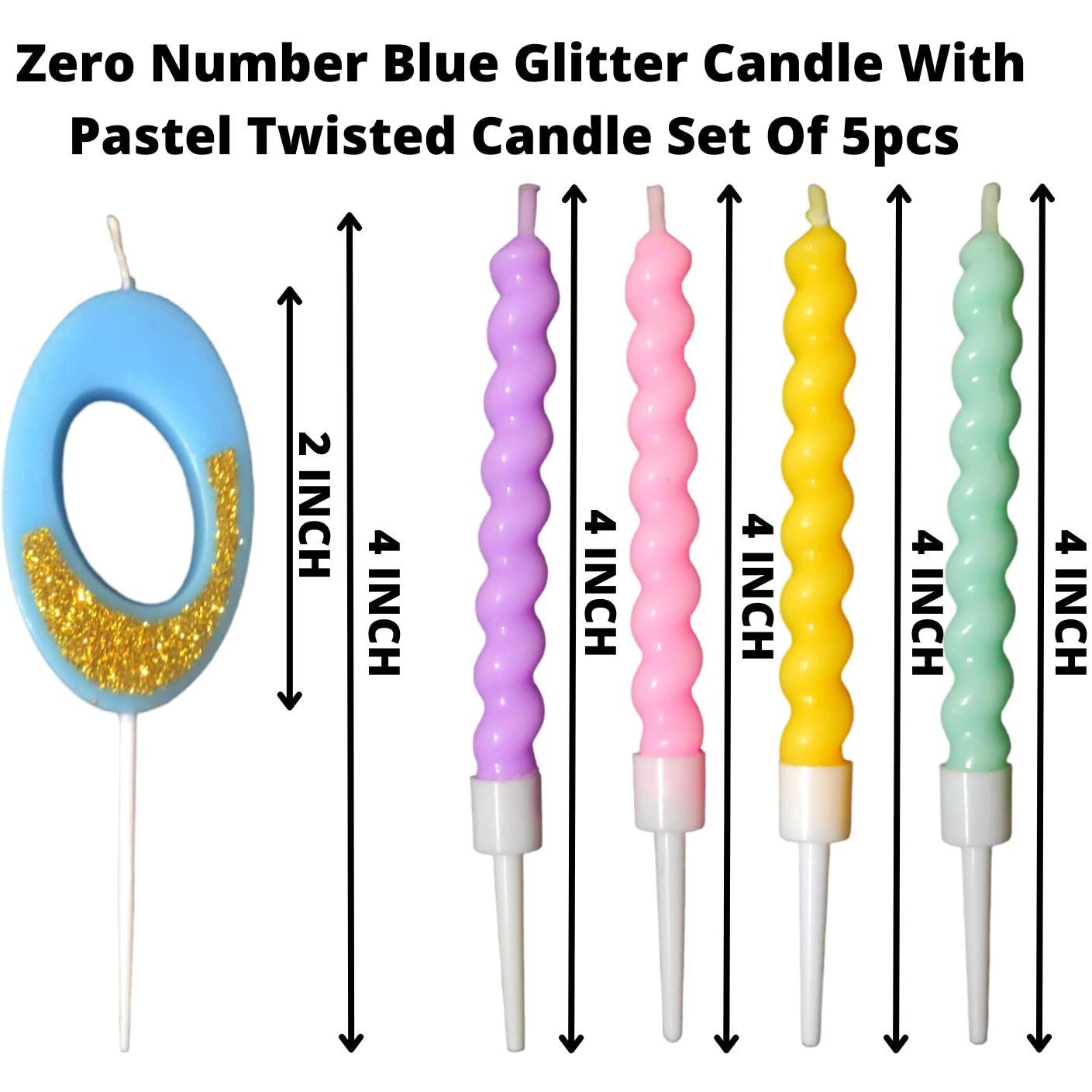 Party Decorz Number 0 Candle | Zero Number Candle | Zero Number Blue Glitter Candle with Pastel Twisted Candle Set of 5pcs for Birthday,Anniversary, Surprise Party Cake Decoration Candle