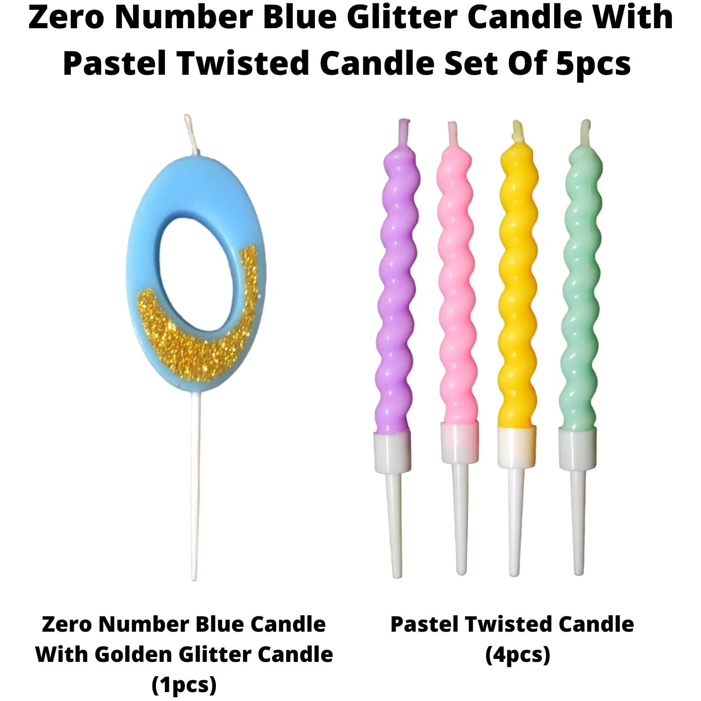 Party Decorz Number 0 Candle | Zero Number Candle | Zero Number Blue Glitter Candle with Pastel Twisted Candle Set of 5pcs for Birthday,Anniversary, Surprise Party Cake Decoration Candle