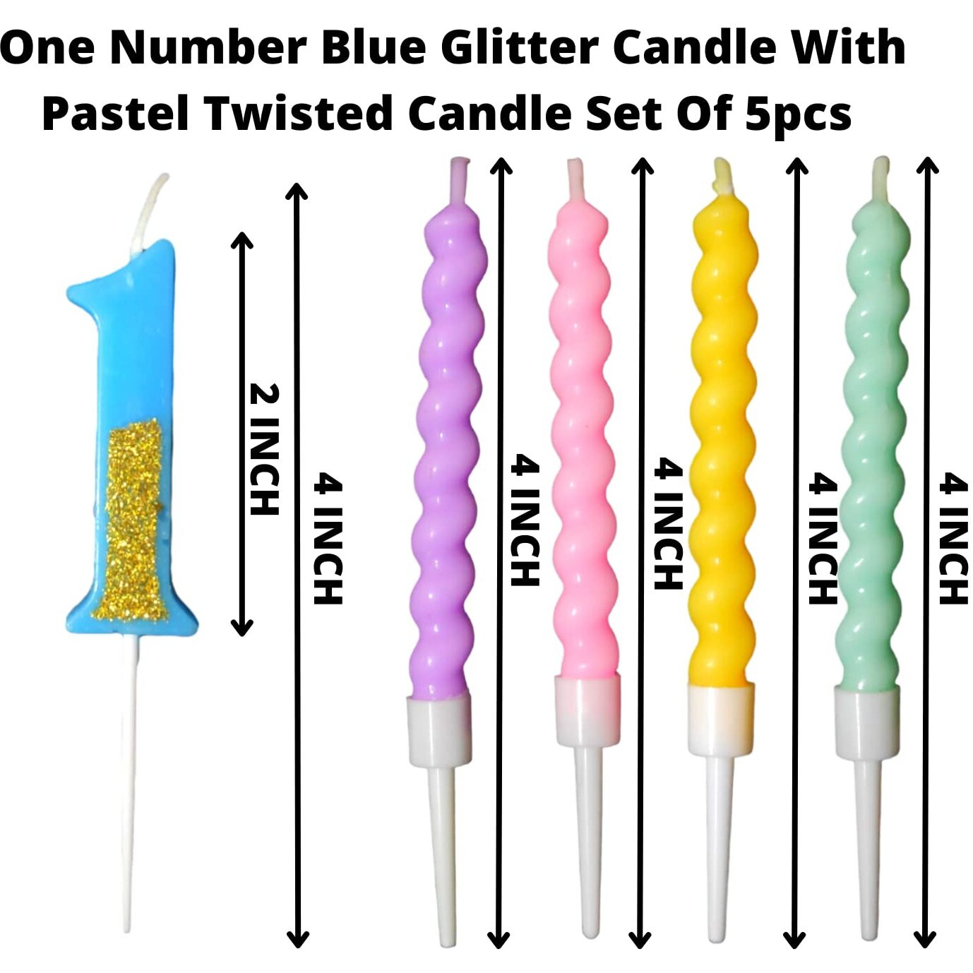 Party Decorz Number 1 Candle | One Number Candle | One Number Blue Glitter Candle with Pastel Twisted Candle Set of 5pcs for Birthday,Anniversary, Surprise Party Cake Decoration Candle