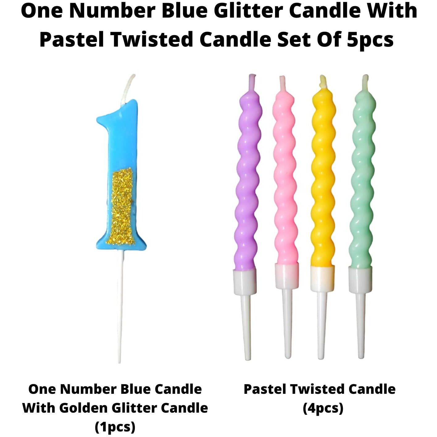Party Decorz Number 1 Candle | One Number Candle | One Number Blue Glitter Candle with Pastel Twisted Candle Set of 5pcs for Birthday,Anniversary, Surprise Party Cake Decoration Candle