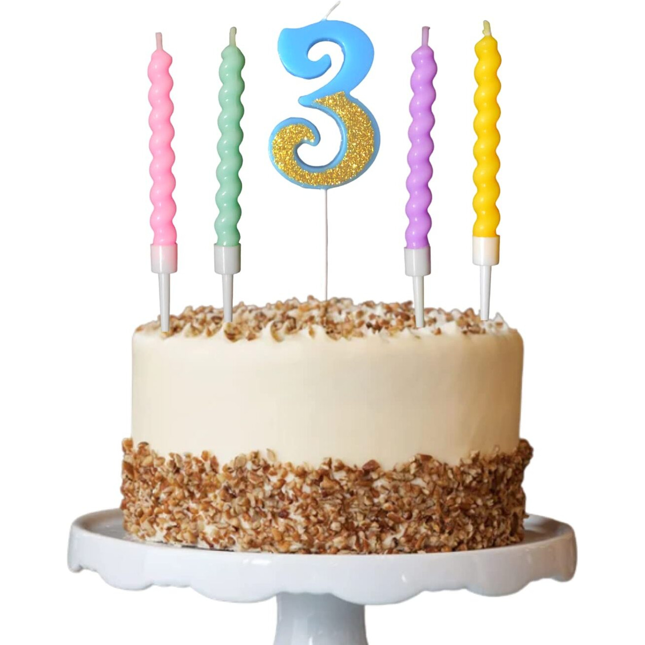 Party Decorz Number 3 Candle | Three Number Candle | Three Number Blue Glitter Candle with Pastel Twisted Candle Set of 5pcs for Birthday,Anniversary, Surprise Party Cake Decoration Candle