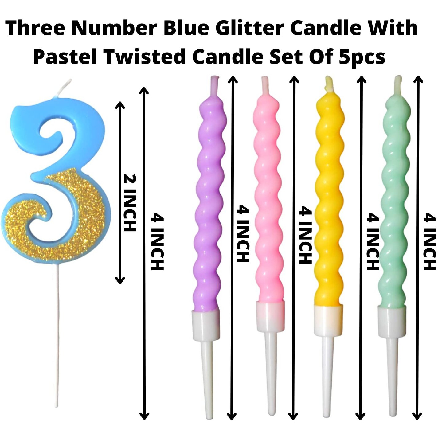 Party Decorz Number 3 Candle | Three Number Candle | Three Number Blue Glitter Candle with Pastel Twisted Candle Set of 5pcs for Birthday,Anniversary, Surprise Party Cake Decoration Candle