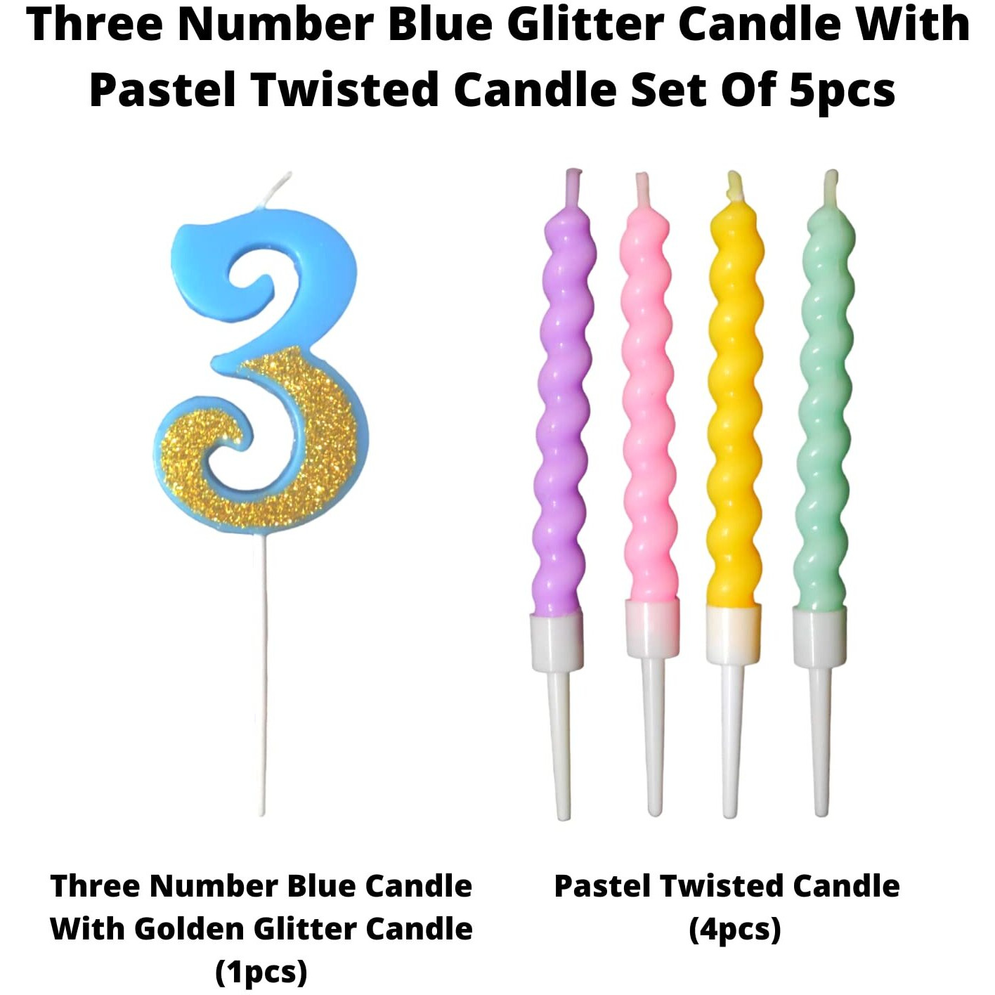 Party Decorz Number 3 Candle | Three Number Candle | Three Number Blue Glitter Candle with Pastel Twisted Candle Set of 5pcs for Birthday,Anniversary, Surprise Party Cake Decoration Candle
