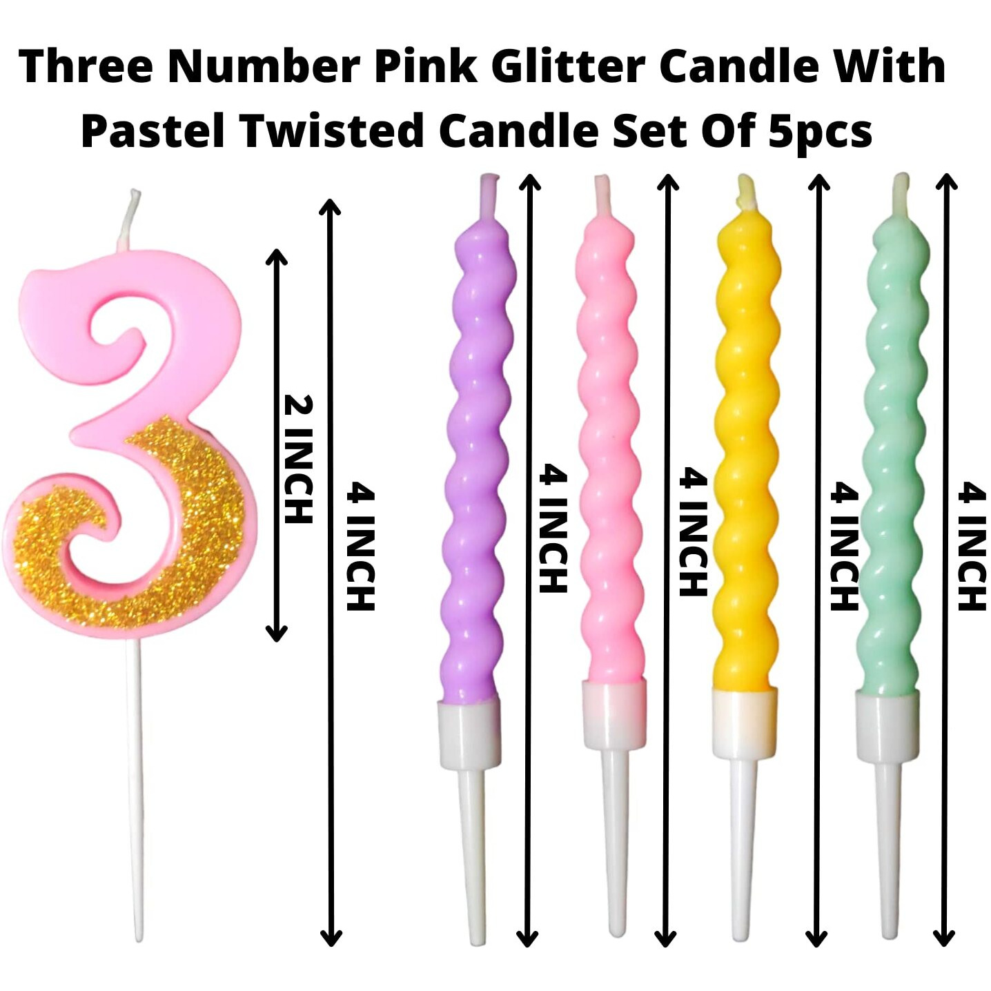 Party Decorz Number 3 Candle | Three Number Candle | Three Number Pink Glitter Candle with Pastel Twisted Candle Set of 5pcs for Birthday,Anniversary, Surprise Party Cake Decoration Candle