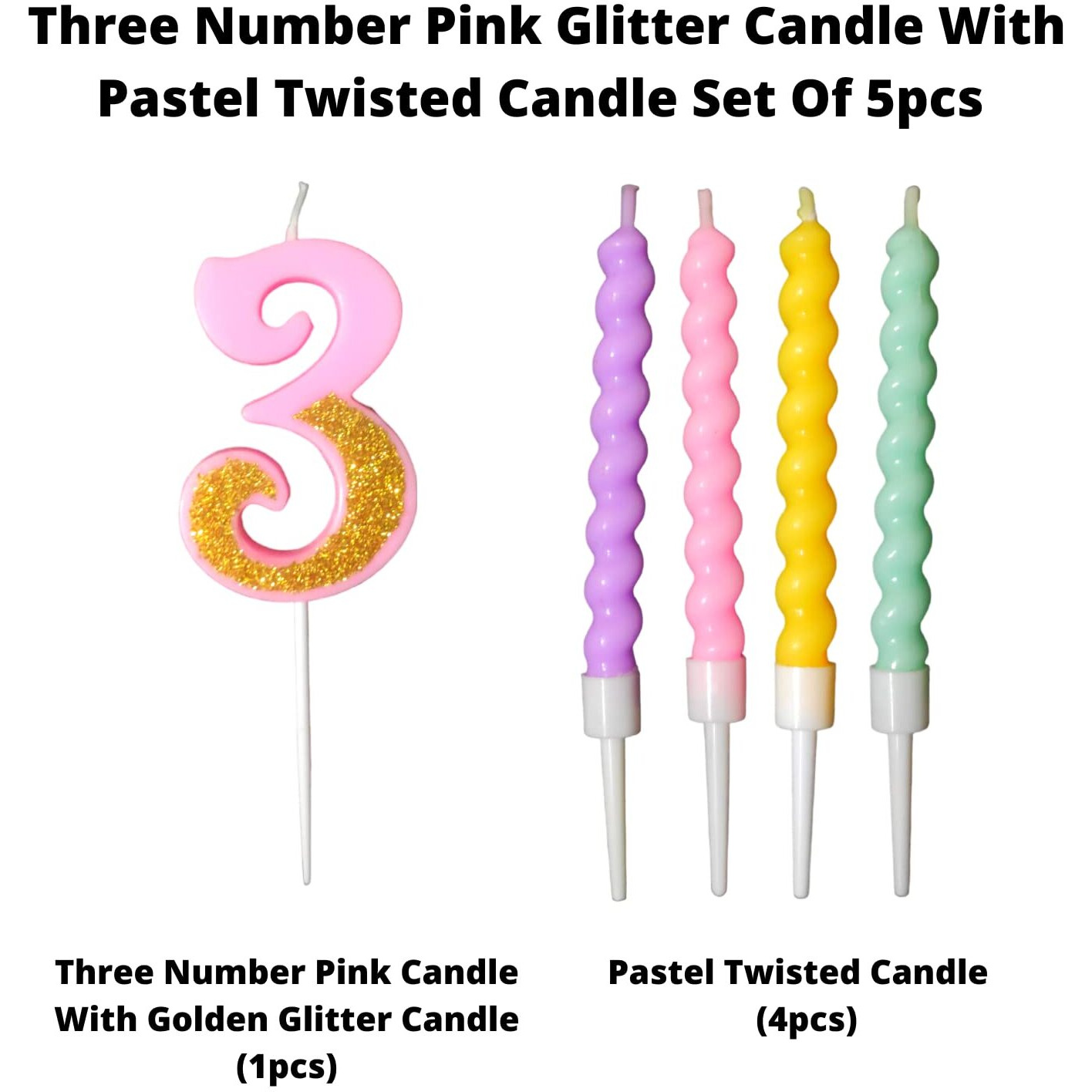 Party Decorz Number 3 Candle | Three Number Candle | Three Number Pink Glitter Candle with Pastel Twisted Candle Set of 5pcs for Birthday,Anniversary, Surprise Party Cake Decoration Candle