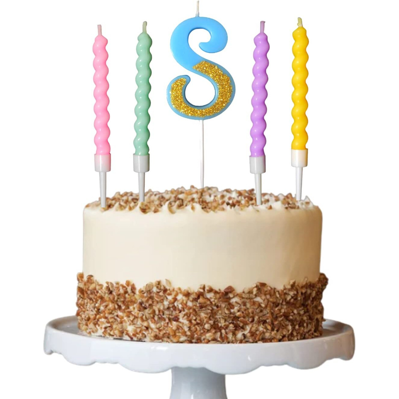 Party Decorz Number 8 Candle | Eight Number Candle | Eight Number Blue Glitter Candle with Pastel Twisted Candle Set of 5pcs for Birthday,Anniversary, Surprise Party Cake Decoration Candle