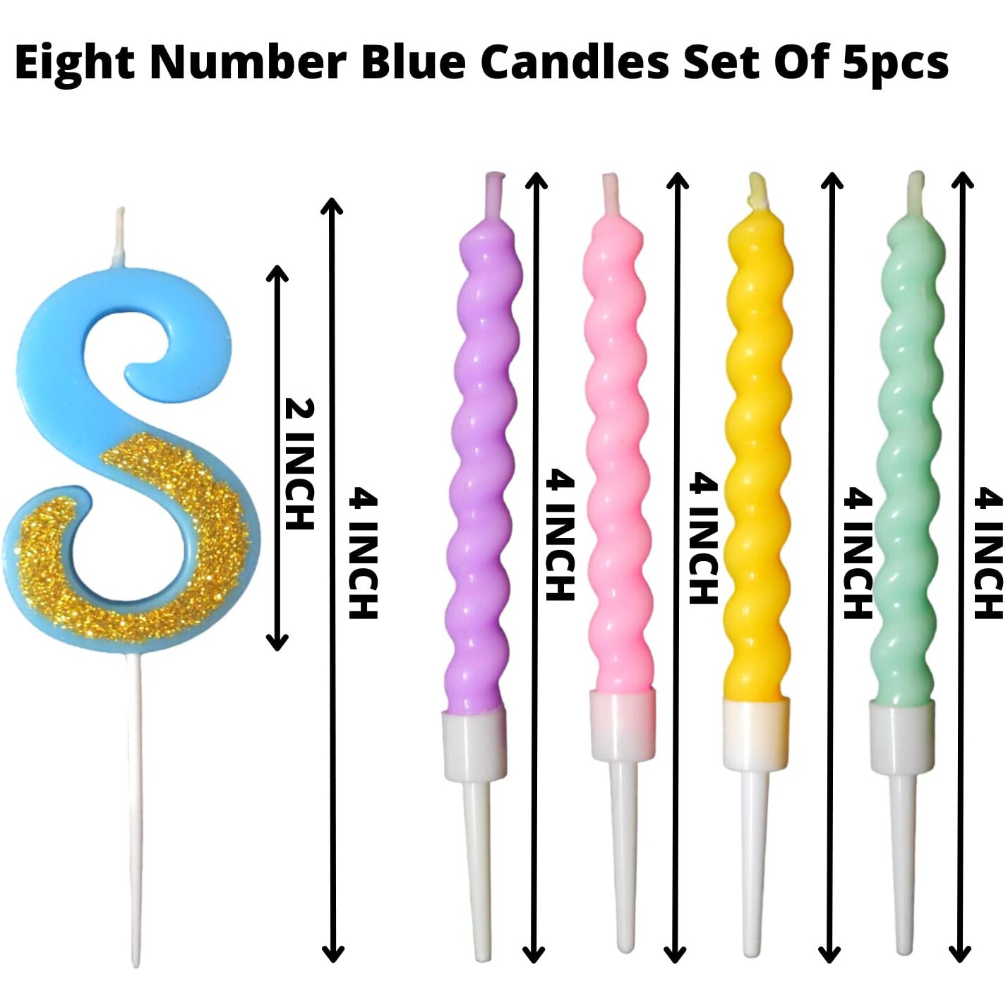 Party Decorz Number 8 Candle | Eight Number Candle | Eight Number Blue Glitter Candle with Pastel Twisted Candle Set of 5pcs for Birthday,Anniversary, Surprise Party Cake Decoration Candle