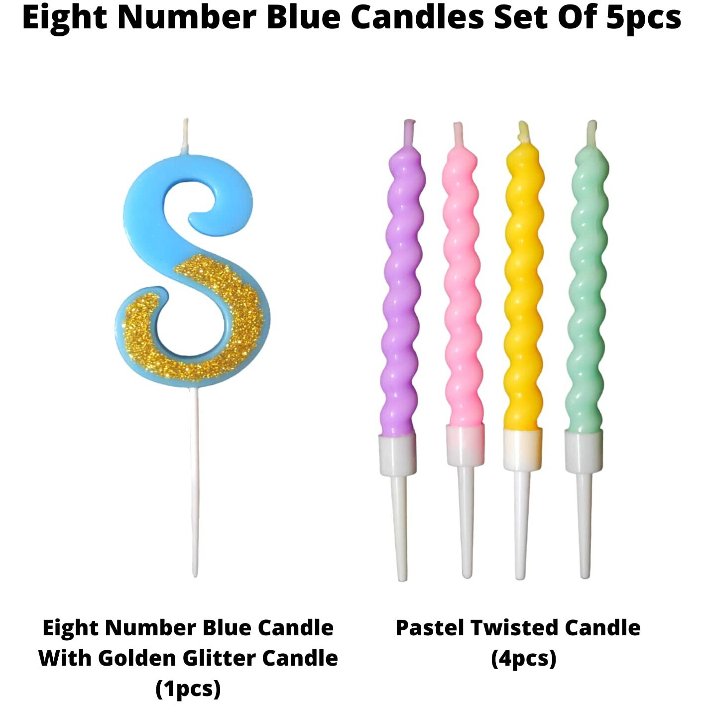 Party Decorz Number 8 Candle | Eight Number Candle | Eight Number Blue Glitter Candle with Pastel Twisted Candle Set of 5pcs for Birthday,Anniversary, Surprise Party Cake Decoration Candle