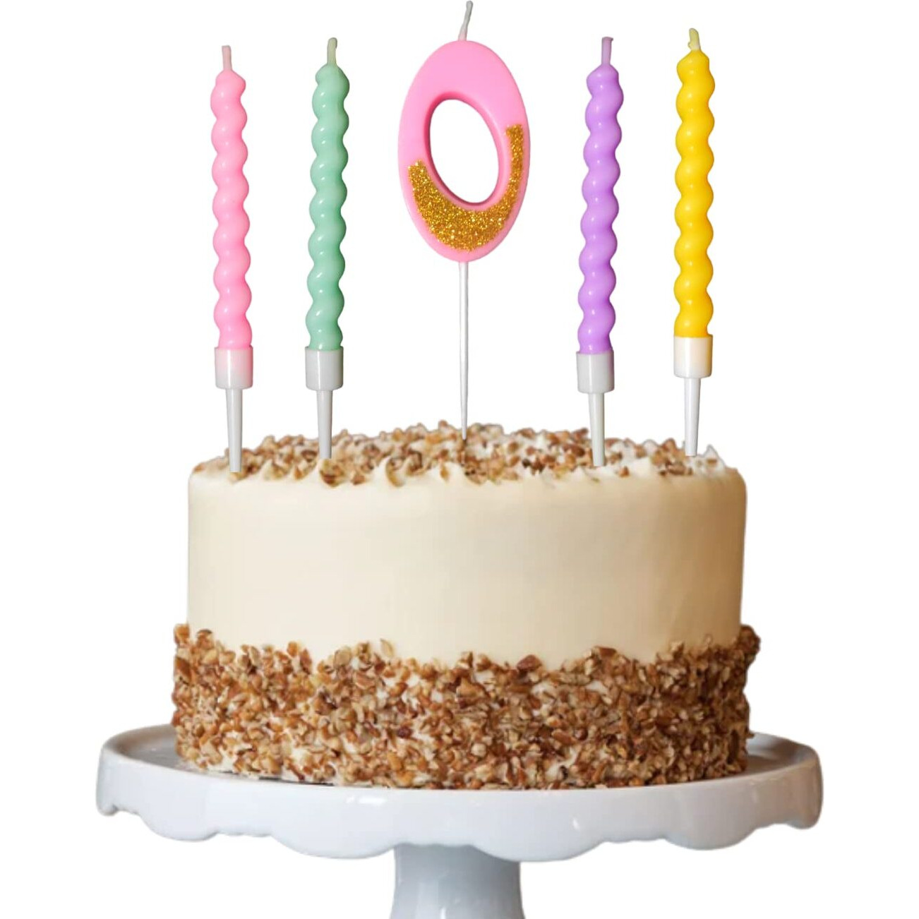 Party Decorz Number 0 Candle | Zero Number Candle | Zero Number Pink Glitter Candle with Pastel Twisted Candle Set of 5pcs for Birthday,Anniversary, Surprise Party Cake Decoration Candle