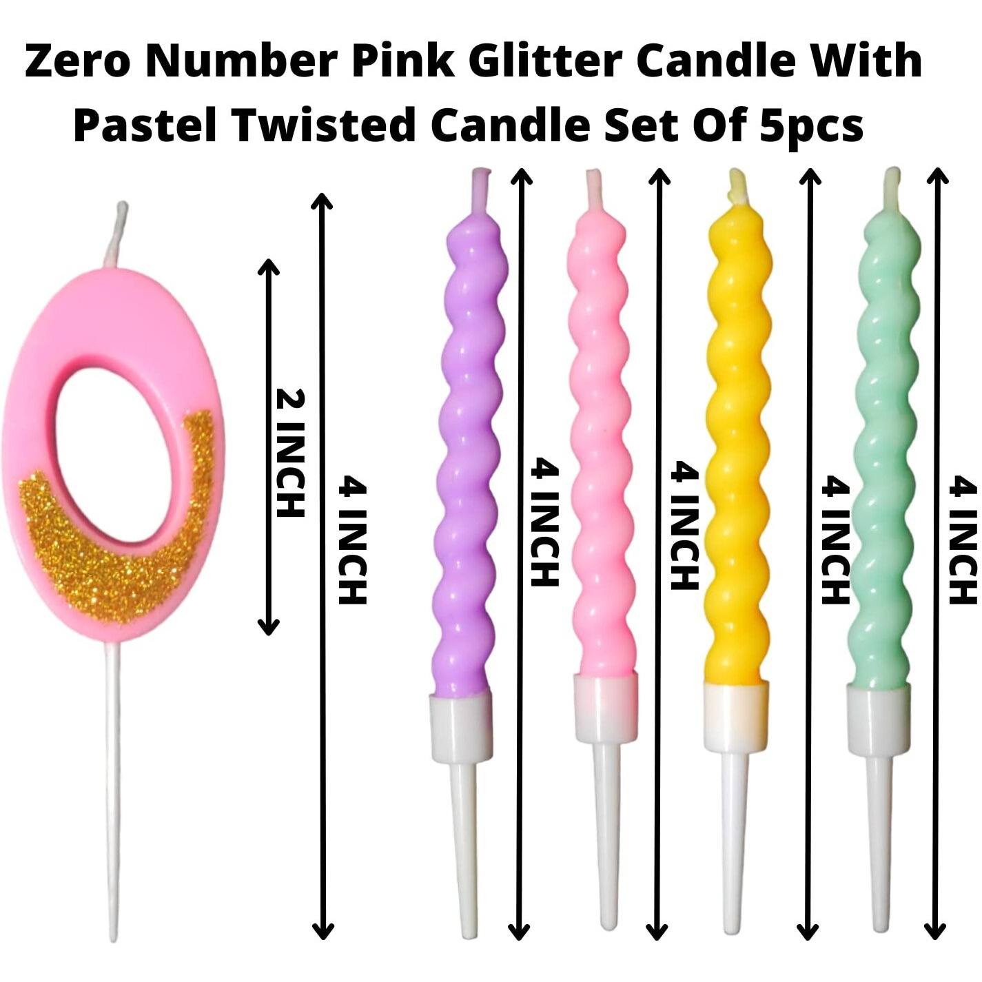 Party Decorz Number 0 Candle | Zero Number Candle | Zero Number Pink Glitter Candle with Pastel Twisted Candle Set of 5pcs for Birthday,Anniversary, Surprise Party Cake Decoration Candle