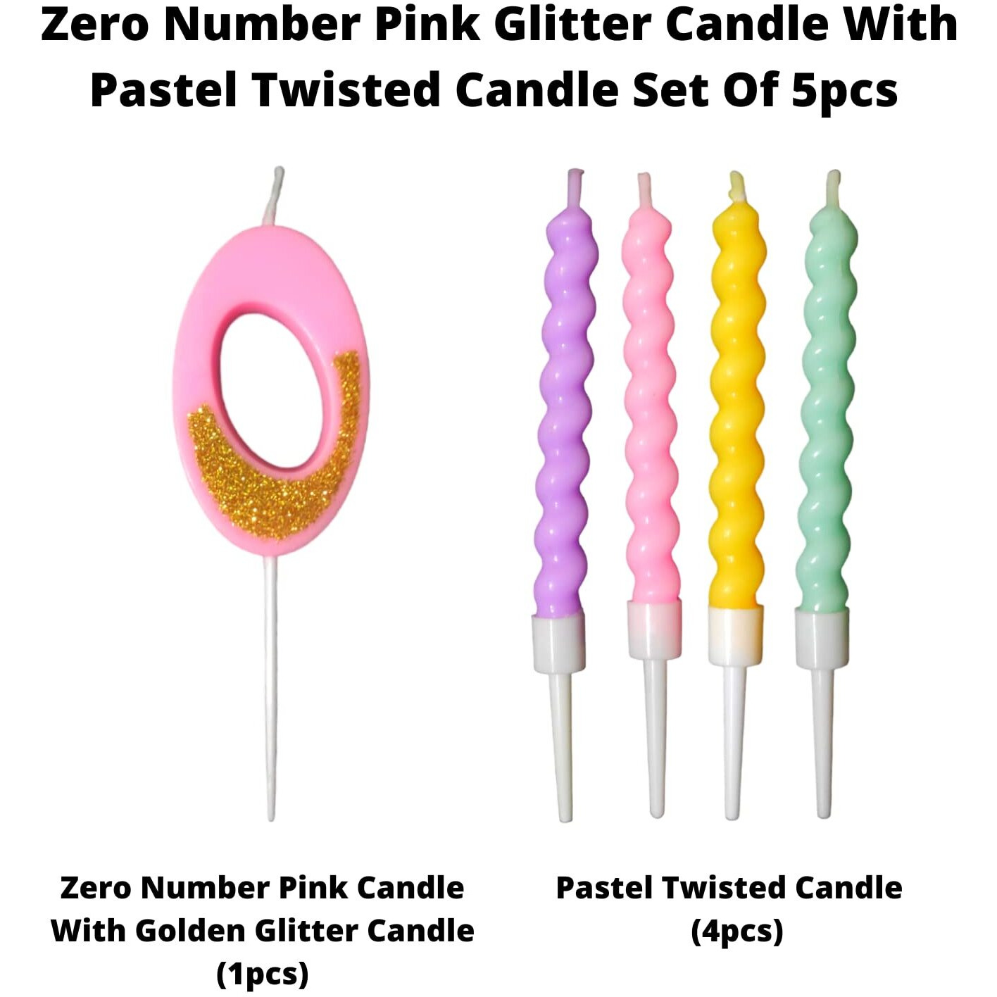 Party Decorz Number 0 Candle | Zero Number Candle | Zero Number Pink Glitter Candle with Pastel Twisted Candle Set of 5pcs for Birthday,Anniversary, Surprise Party Cake Decoration Candle