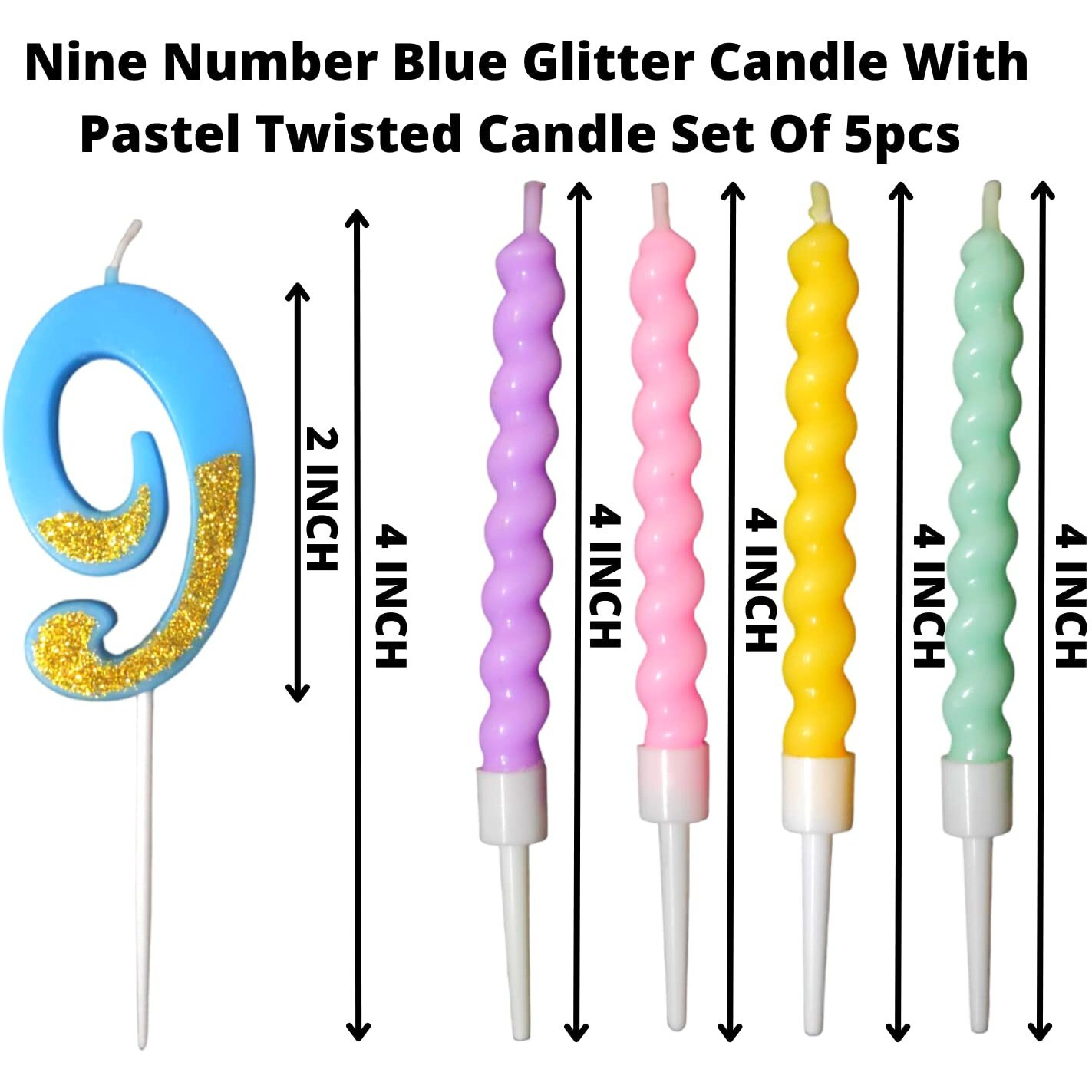 Party Decorz Number 9 Candle | Nine Number Candle | Nine Number Blue Glitter Candle with Pastel Twisted Candle Set of 5pcs for Birthday,Anniversary, Surprise Party Cake Decoration Candle