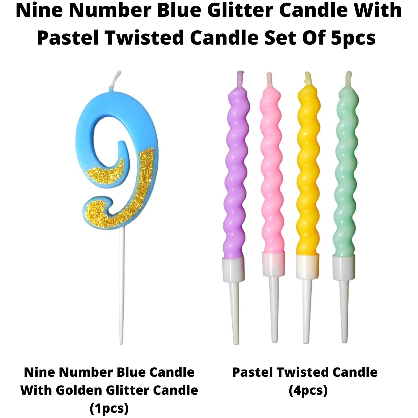 Party Decorz Number 9 Candle | Nine Number Candle | Nine Number Blue Glitter Candle with Pastel Twisted Candle Set of 5pcs for Birthday,Anniversary, Surprise Party Cake Decoration Candle