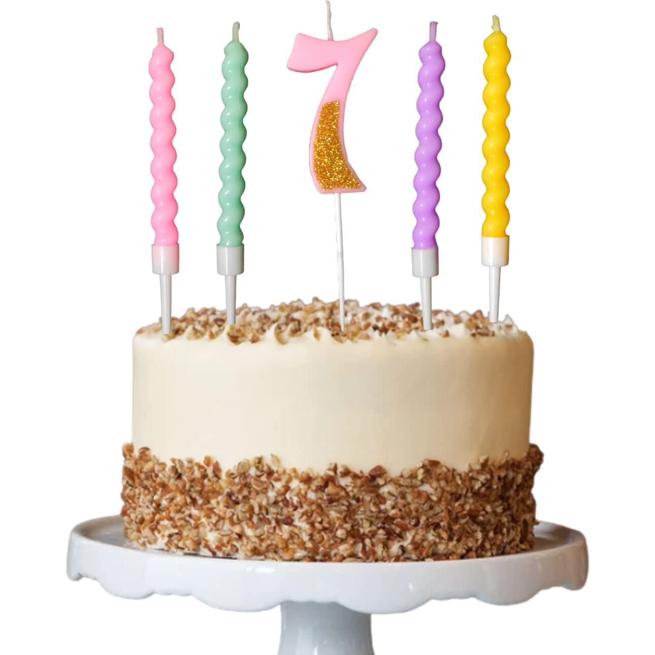 Party Decorz Number 7 Candle | Seven Number Candle | Seven Number Pink Glitter Candle with Pastel Twisted Candle Set of 5pcs for Birthday,Anniversary, Surprise Party Cake Decoration Candle