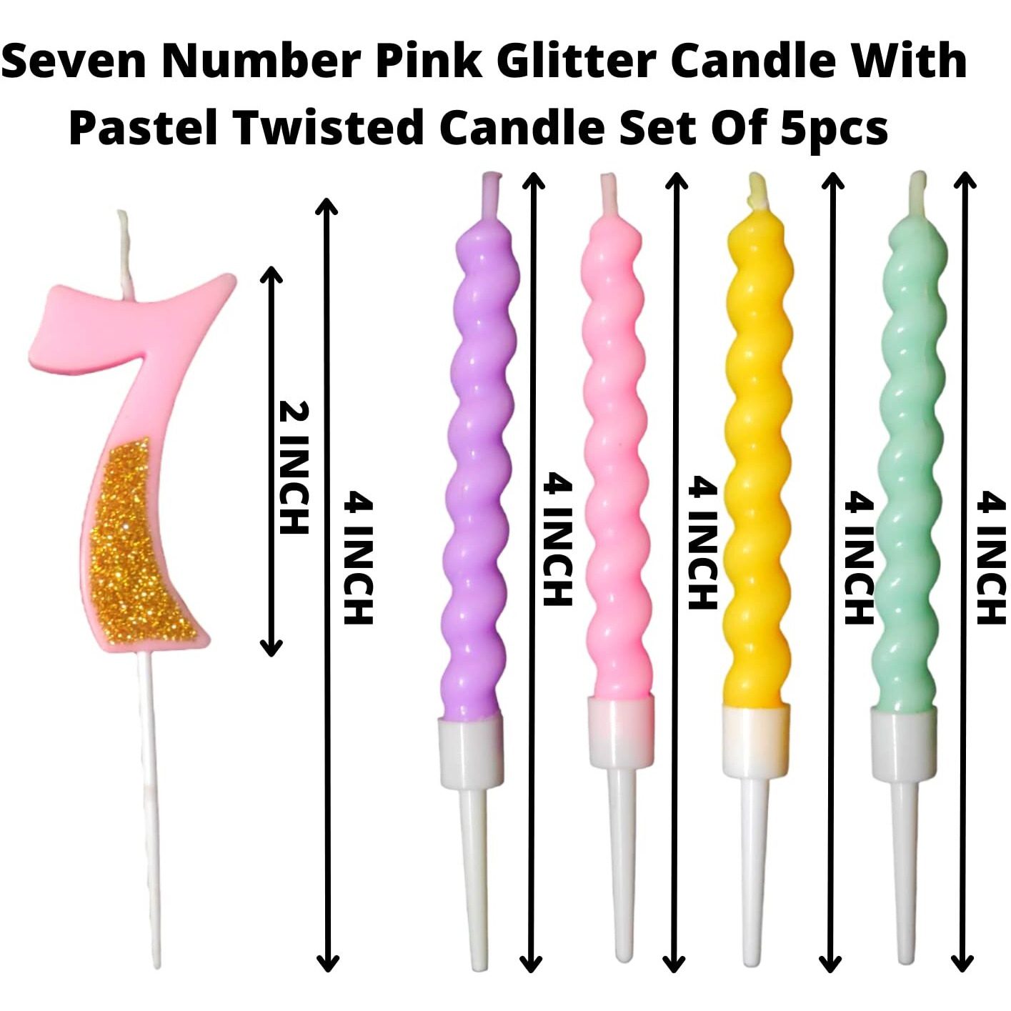 Party Decorz Number 7 Candle | Seven Number Candle | Seven Number Pink Glitter Candle with Pastel Twisted Candle Set of 5pcs for Birthday,Anniversary, Surprise Party Cake Decoration Candle