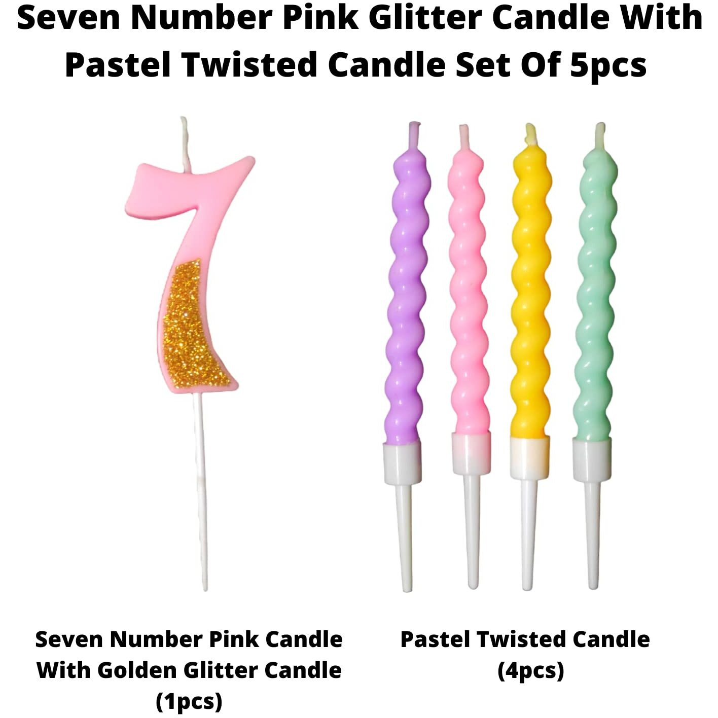 Party Decorz Number 7 Candle | Seven Number Candle | Seven Number Pink Glitter Candle with Pastel Twisted Candle Set of 5pcs for Birthday,Anniversary, Surprise Party Cake Decoration Candle