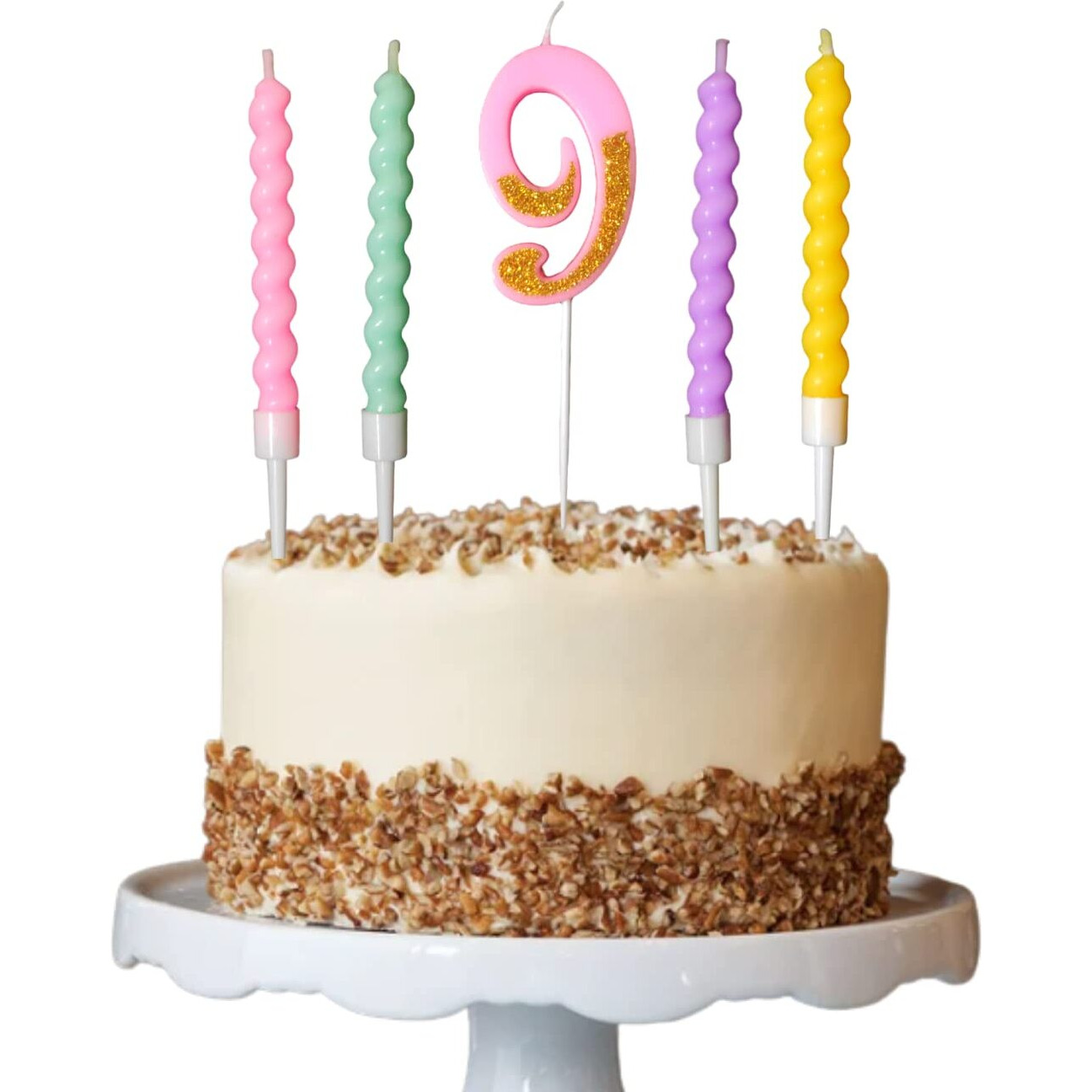 Party Decorz Number 9 Candle | Nine Number Candle | Nine Number Pink Glitter Candle with Pastel Twisted Candle Set of 5pcs for Birthday,Anniversary, Surprise Party Cake Decoration Candle