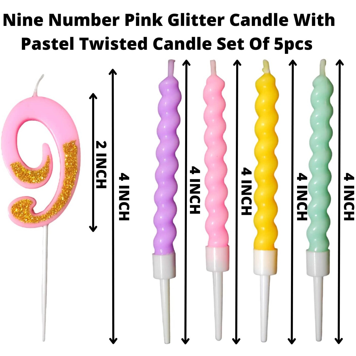 Party Decorz Number 9 Candle | Nine Number Candle | Nine Number Pink Glitter Candle with Pastel Twisted Candle Set of 5pcs for Birthday,Anniversary, Surprise Party Cake Decoration Candle