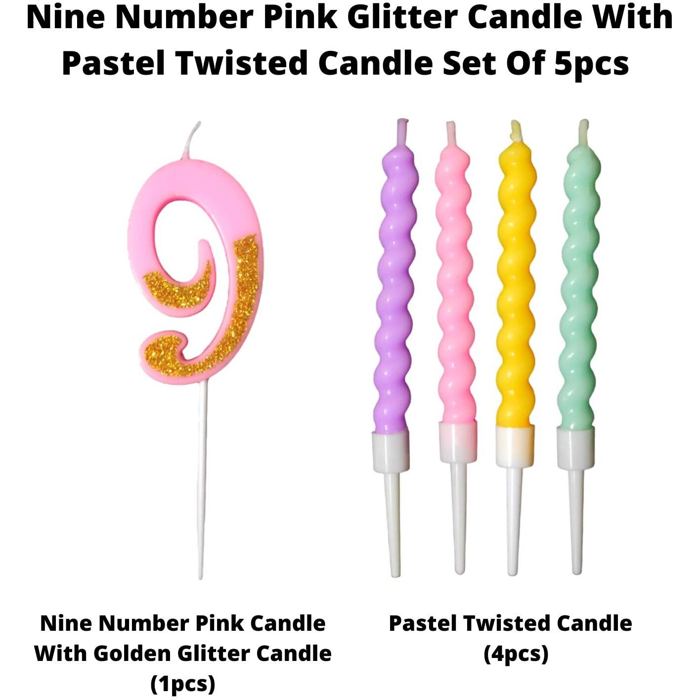 Party Decorz Number 9 Candle | Nine Number Candle | Nine Number Pink Glitter Candle with Pastel Twisted Candle Set of 5pcs for Birthday,Anniversary, Surprise Party Cake Decoration Candle
