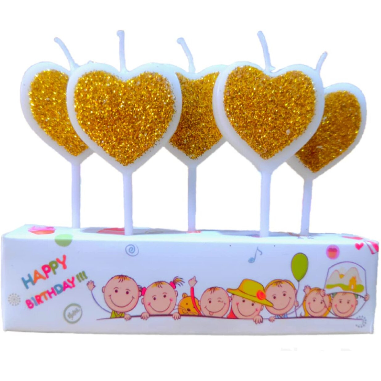 Party Decorz Golden Glitter Heart 5pcs Cake Candle for Birthday,Anniversary,Baby Shower Party Cake Decoration