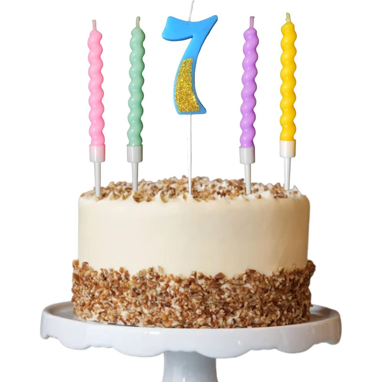 Party Decorz Number 7 Candle | Seven Number Candle | Seven Number Blue Glitter Candle with Pastel Twisted Candle Set of 5pcs for Birthday,Anniversary, Surprise Party Cake Decoration Candle
