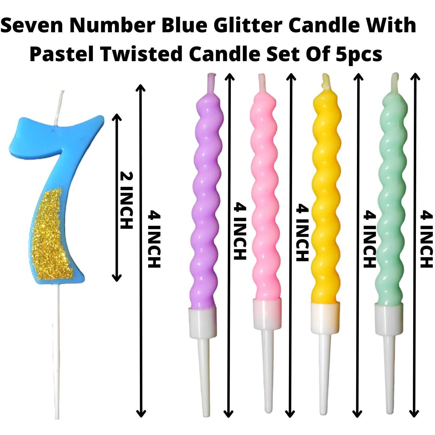 Party Decorz Number 7 Candle | Seven Number Candle | Seven Number Blue Glitter Candle with Pastel Twisted Candle Set of 5pcs for Birthday,Anniversary, Surprise Party Cake Decoration Candle
