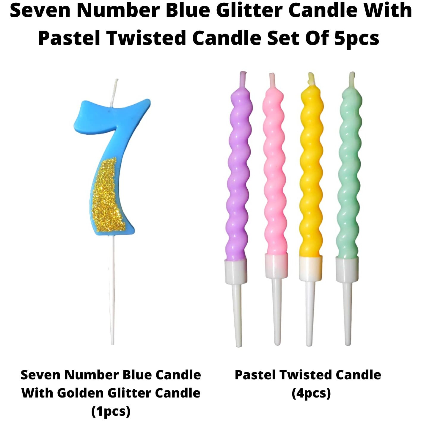 Party Decorz Number 7 Candle | Seven Number Candle | Seven Number Blue Glitter Candle with Pastel Twisted Candle Set of 5pcs for Birthday,Anniversary, Surprise Party Cake Decoration Candle
