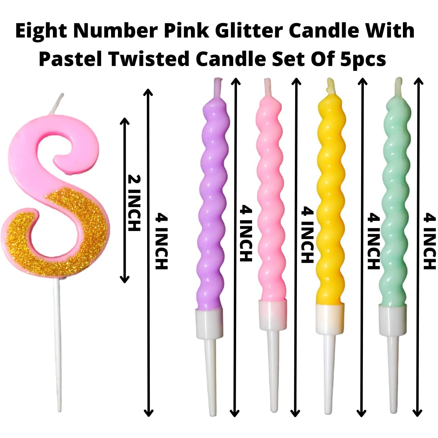 Party Decorz Number 8 Candle | Eight Number Candle | Eight Number Pink Glitter Candle with Pastel Twisted Candle Set of 5pcs for Birthday,Anniversary, Surprise Party Cake Decoration Candle