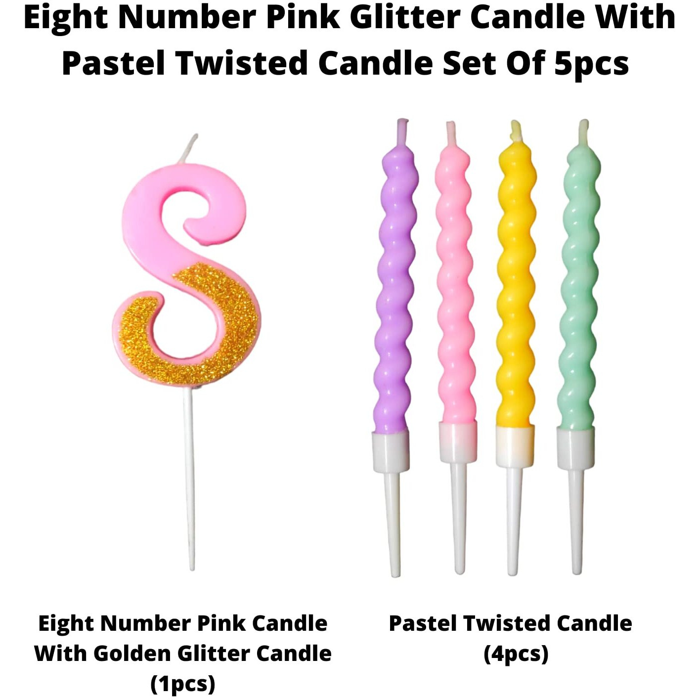 Party Decorz Number 8 Candle | Eight Number Candle | Eight Number Pink Glitter Candle with Pastel Twisted Candle Set of 5pcs for Birthday,Anniversary, Surprise Party Cake Decoration Candle