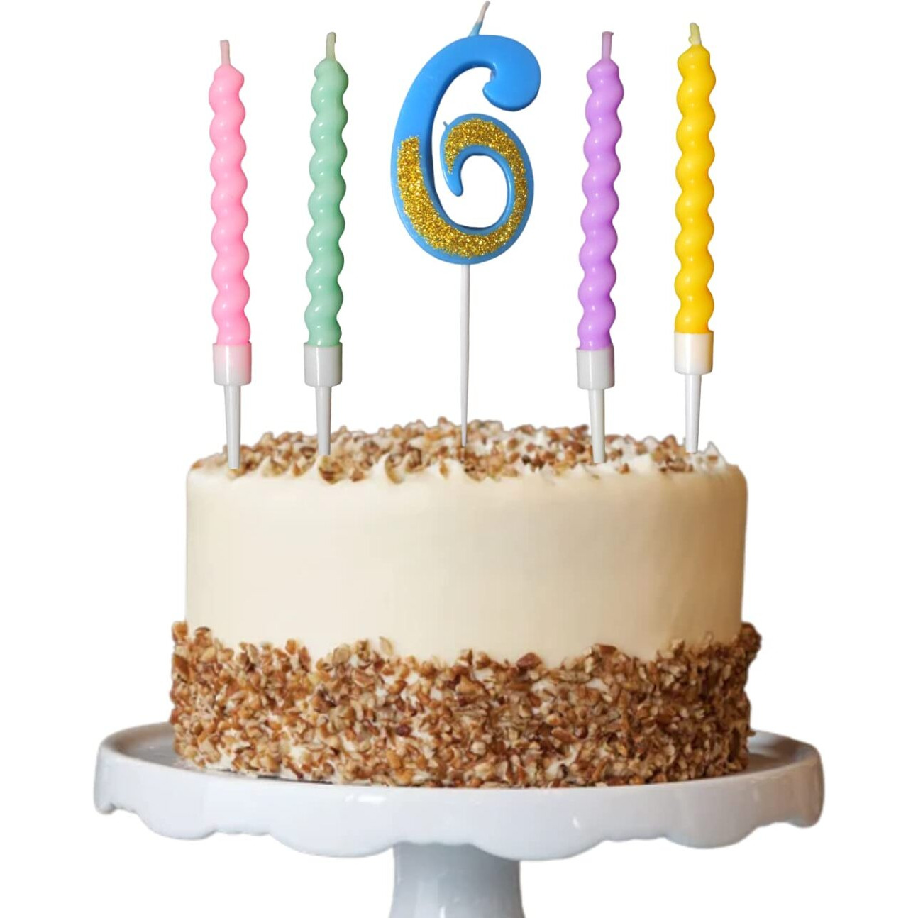 Party Decorz Number 6 Candle | Six Number Candle | Six Number Blue Glitter Candle with Pastel Twisted Candle Set of 5pcs for Birthday,Anniversary, Surprise Party Cake Decoration Candle
