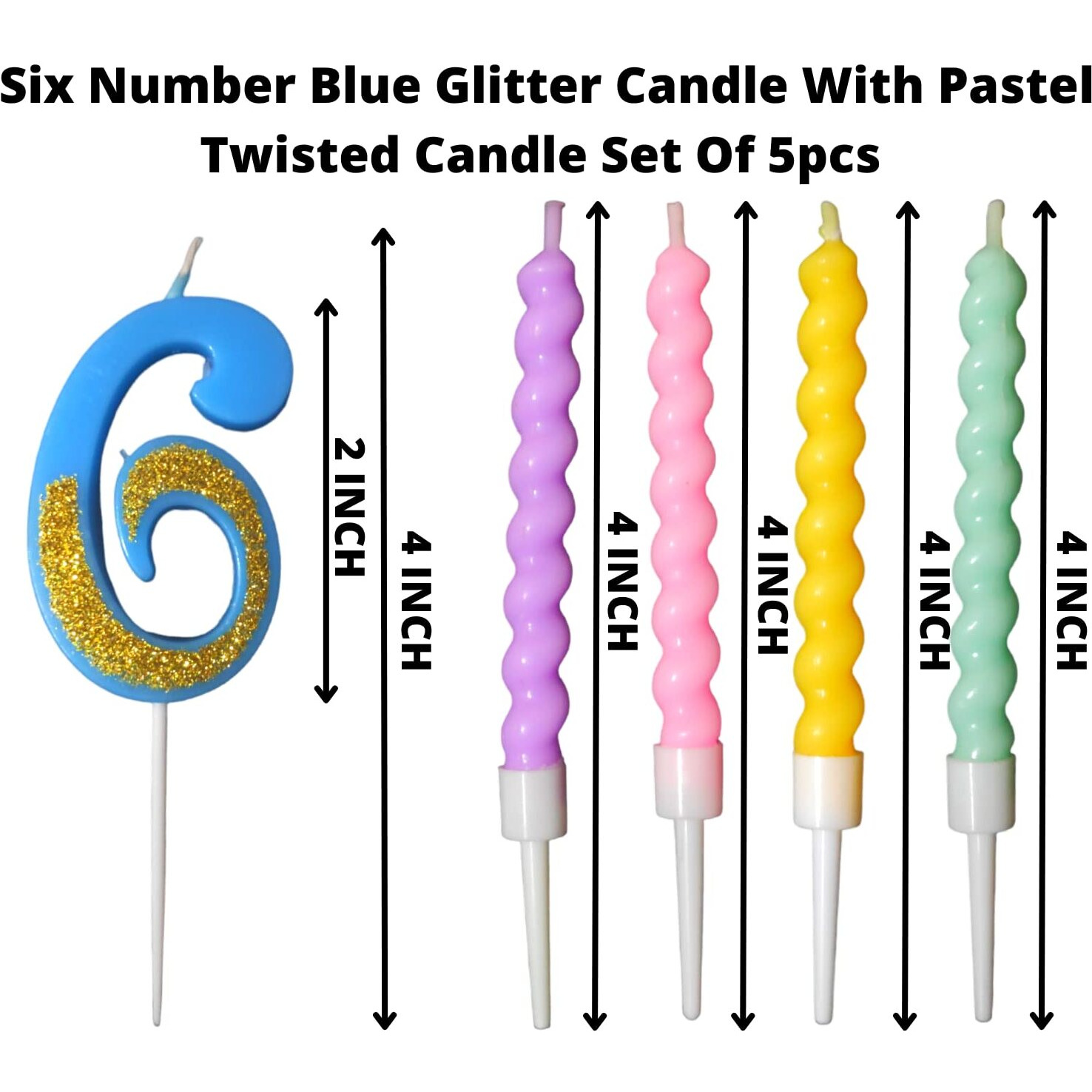 Party Decorz Number 6 Candle | Six Number Candle | Six Number Blue Glitter Candle with Pastel Twisted Candle Set of 5pcs for Birthday,Anniversary, Surprise Party Cake Decoration Candle