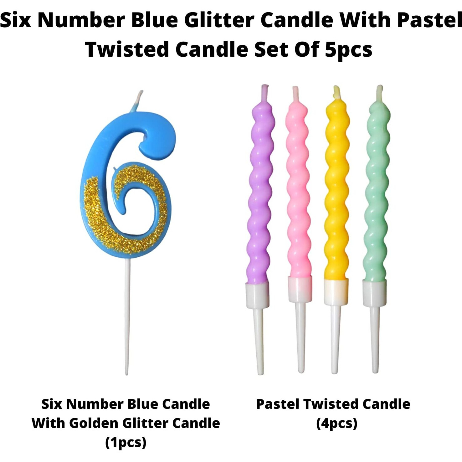 Party Decorz Number 6 Candle | Six Number Candle | Six Number Blue Glitter Candle with Pastel Twisted Candle Set of 5pcs for Birthday,Anniversary, Surprise Party Cake Decoration Candle