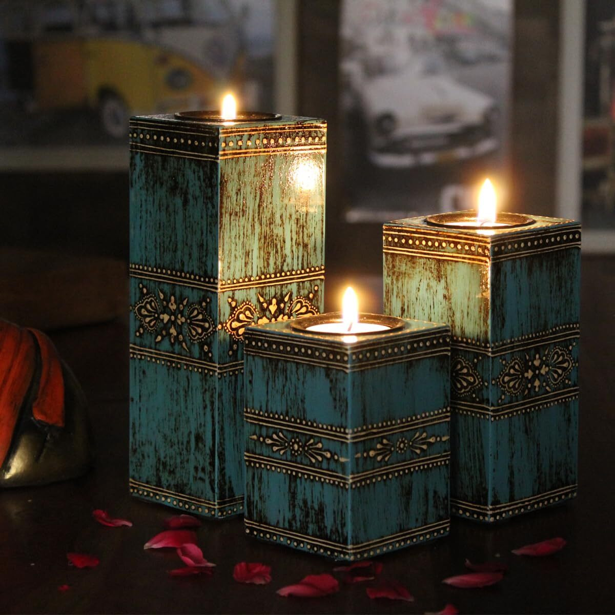 Lamcy Plaza Handmade Wooden Tea Light Candle Holder For Christmas|Rustic Home Decor|Table Top Candle Holder|Set Of 3 |, Blue