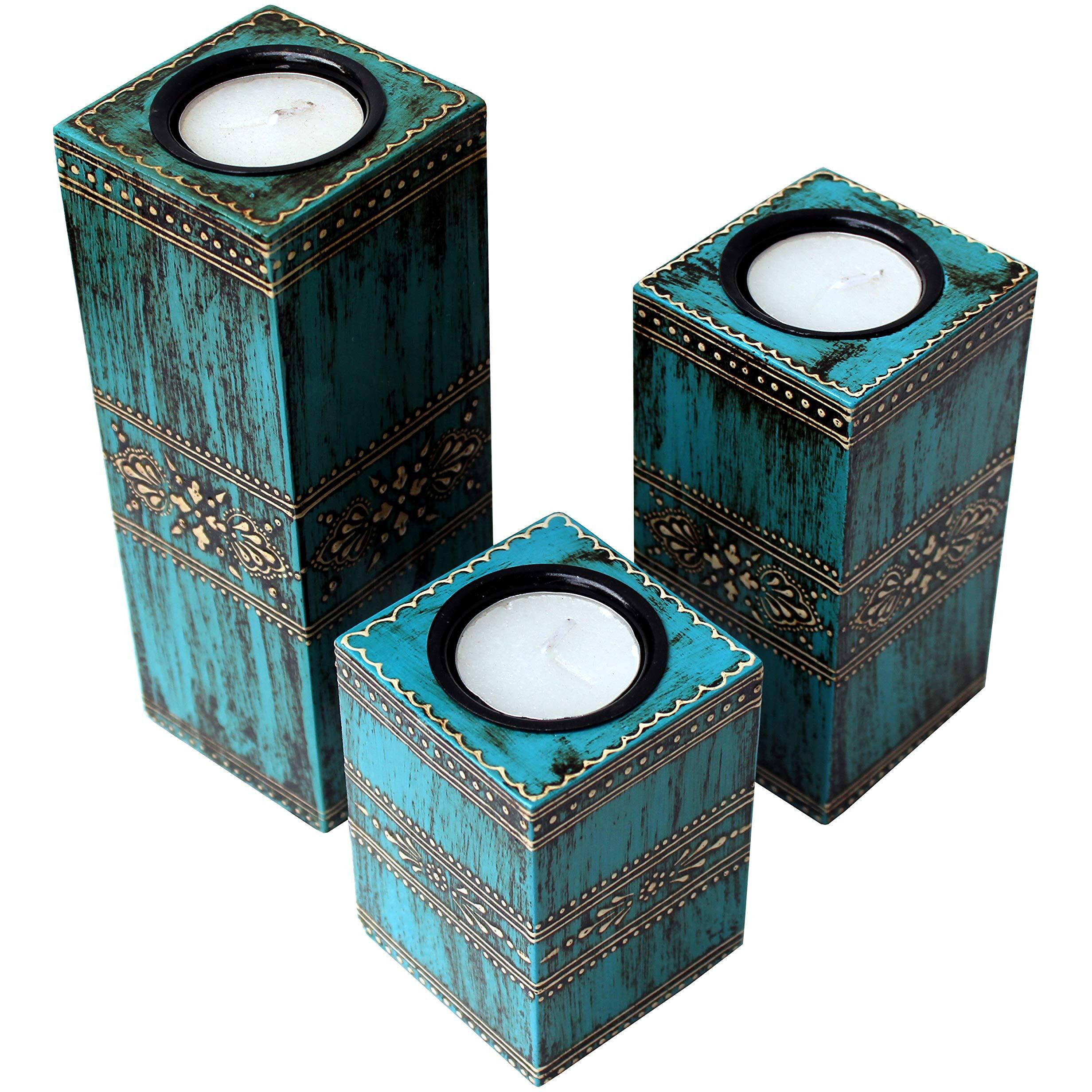 Lamcy Plaza Handmade Wooden Tea Light Candle Holder For Christmas|Rustic Home Decor|Table Top Candle Holder|Set Of 3 |, Blue
