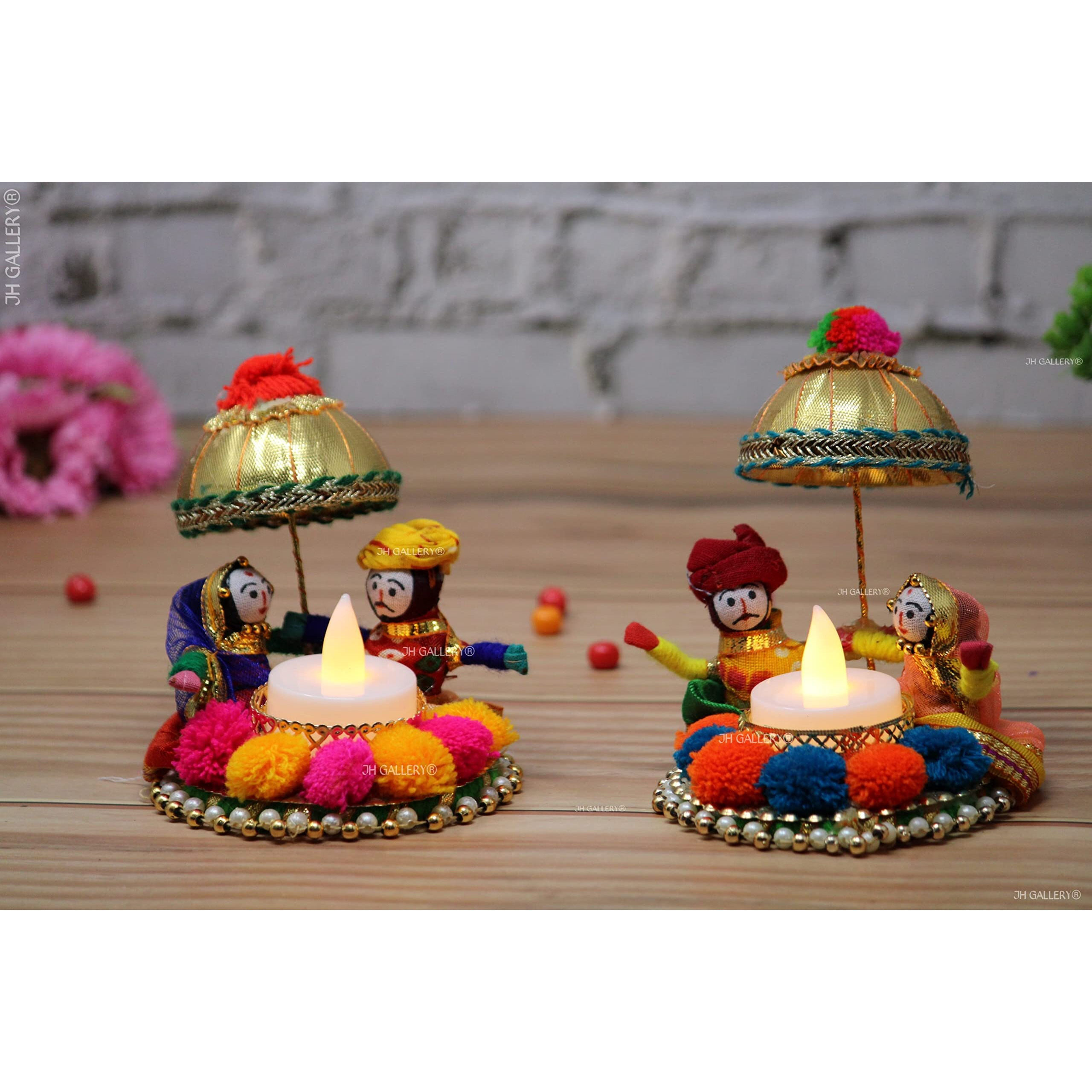 JH Gallery Recycled Material Rajasthani Raja Rani Puppet/Dolls Decorative Tealight Candle Holder (Pack of 2)