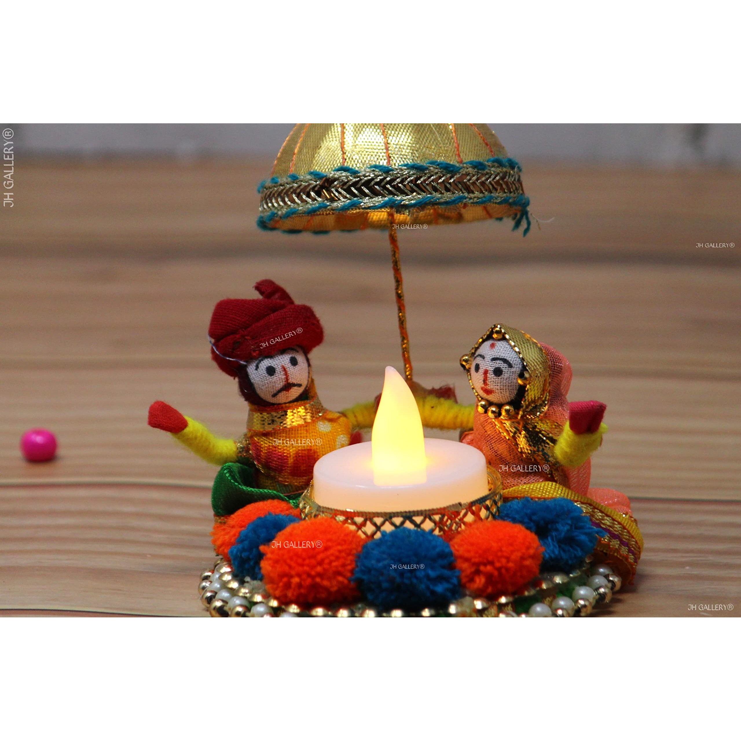JH Gallery Recycled Material Rajasthani Raja Rani Puppet/Dolls Decorative Tealight Candle Holder (Pack of 2)