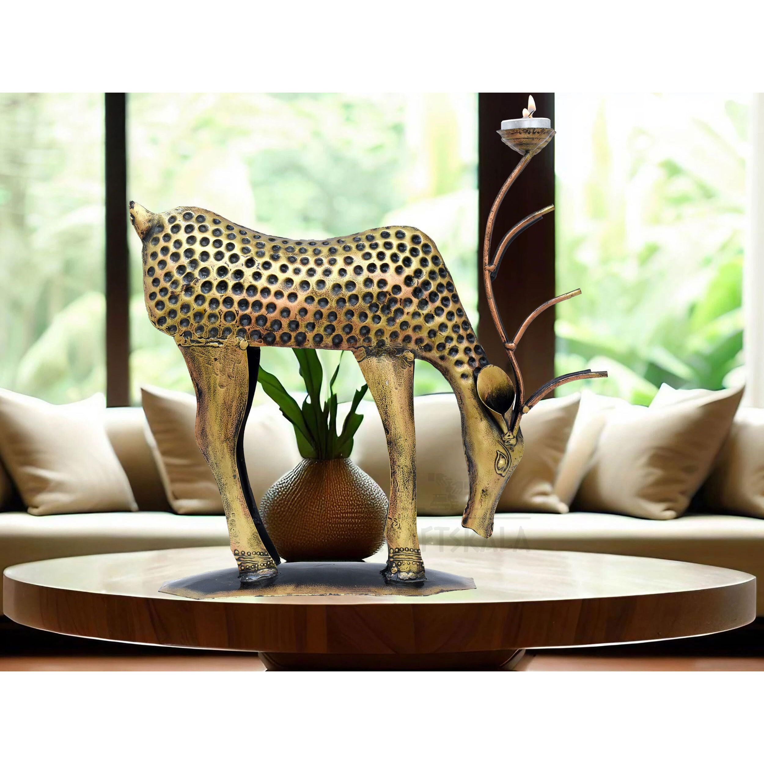 KRAFTSKALA Decorative Showpiece Iron Metal Deer with Tea Light Candle Holder, 14 inch Large Deer Statue Home Decor Item for Living Room, Doorway (Deer)
