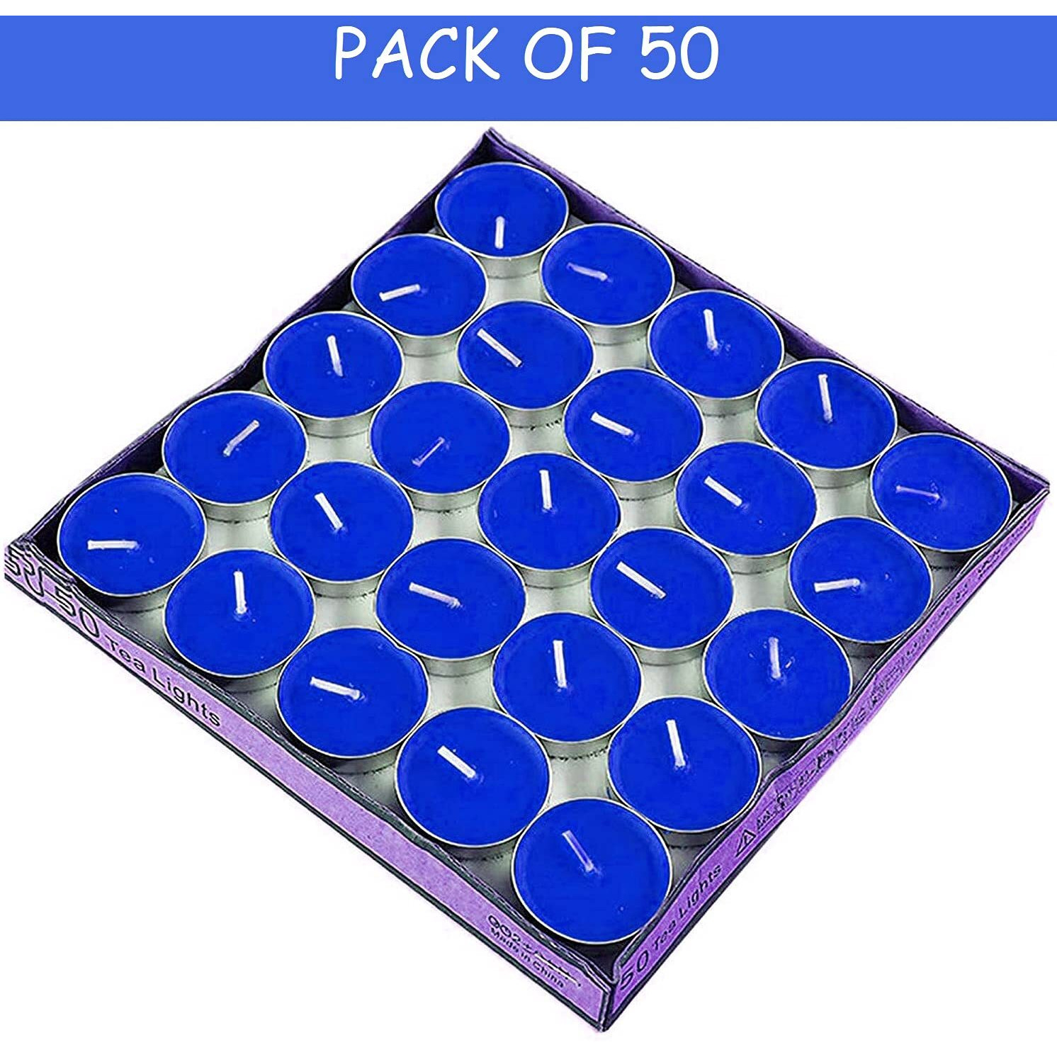 Ein Sof Unscented Tea Lights Candles | Blue Paraffin Wax Tealight Candle Perfect for Home Decor | Long Lasting | 2 to 3 Hours Burn Time | Smokeless & Dripless | 3 cm Diameter | Pack of 50