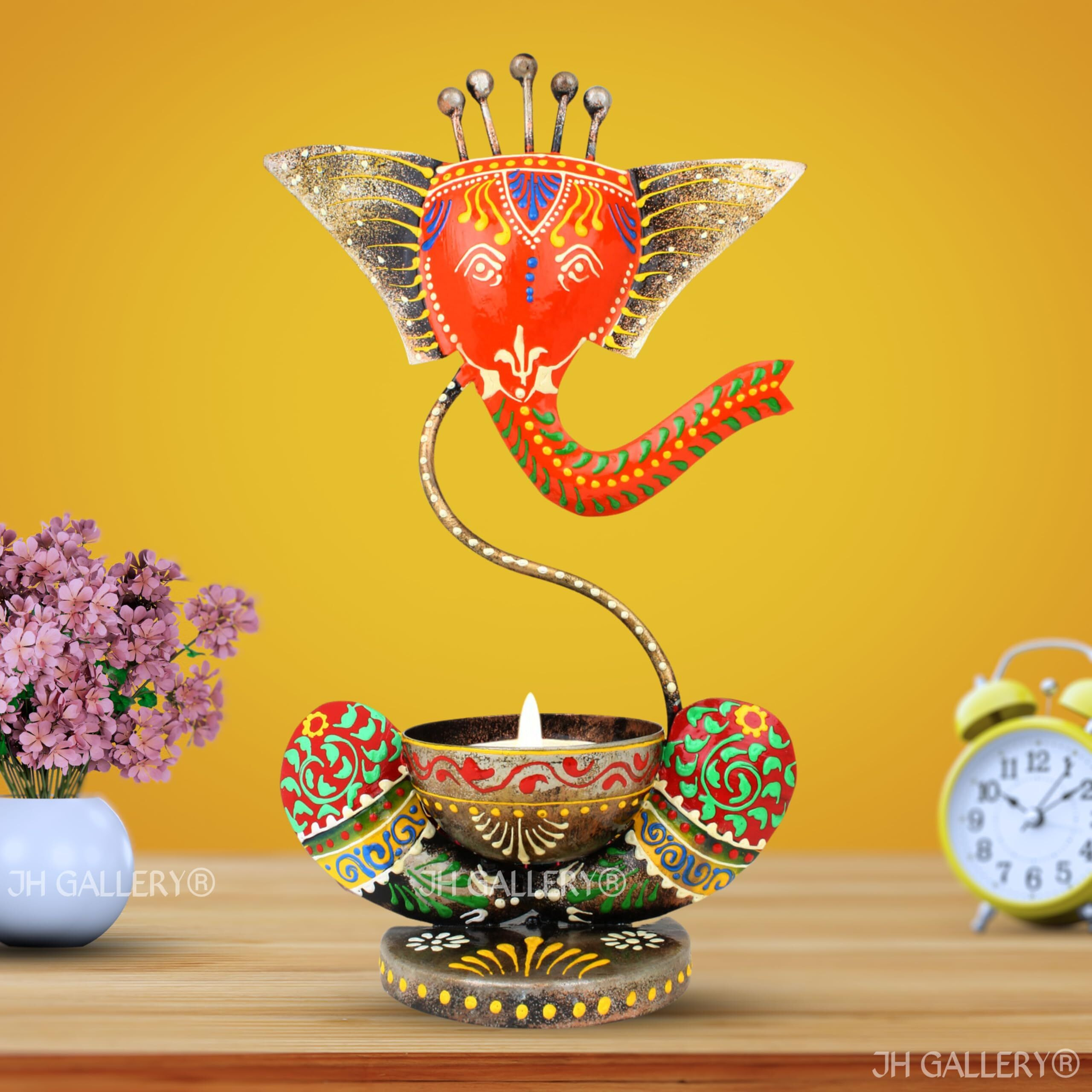 JH Gallery Handcrafted Metal Ganesha Tealight Candle Holder for Home Decor/Showpiece Decorations Items for Home, Living Room, Pooja Room - Corporate Gift Items (Antique Orange)