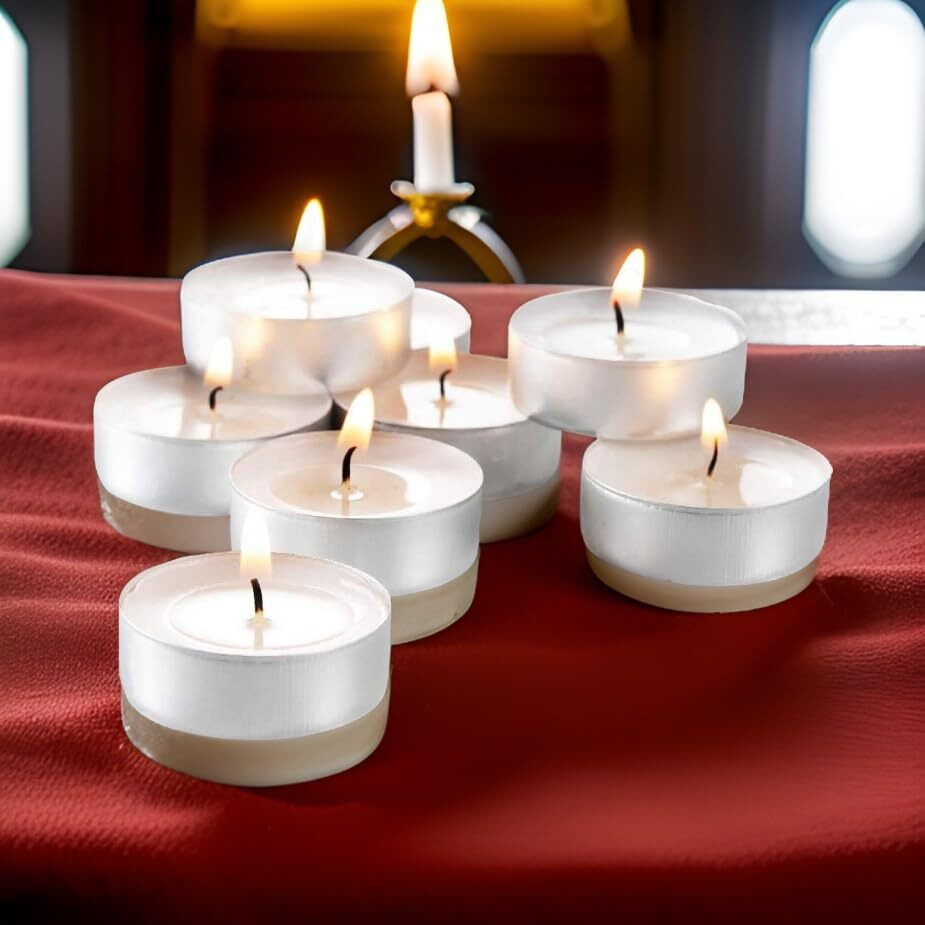 Ein Sof Long Time Burning Tealight Candles Set of 50 pcs, 4 5 hours True Long Lasting Home Decoration Tea Lights, White Unscented Candle Light Dinner Lamps