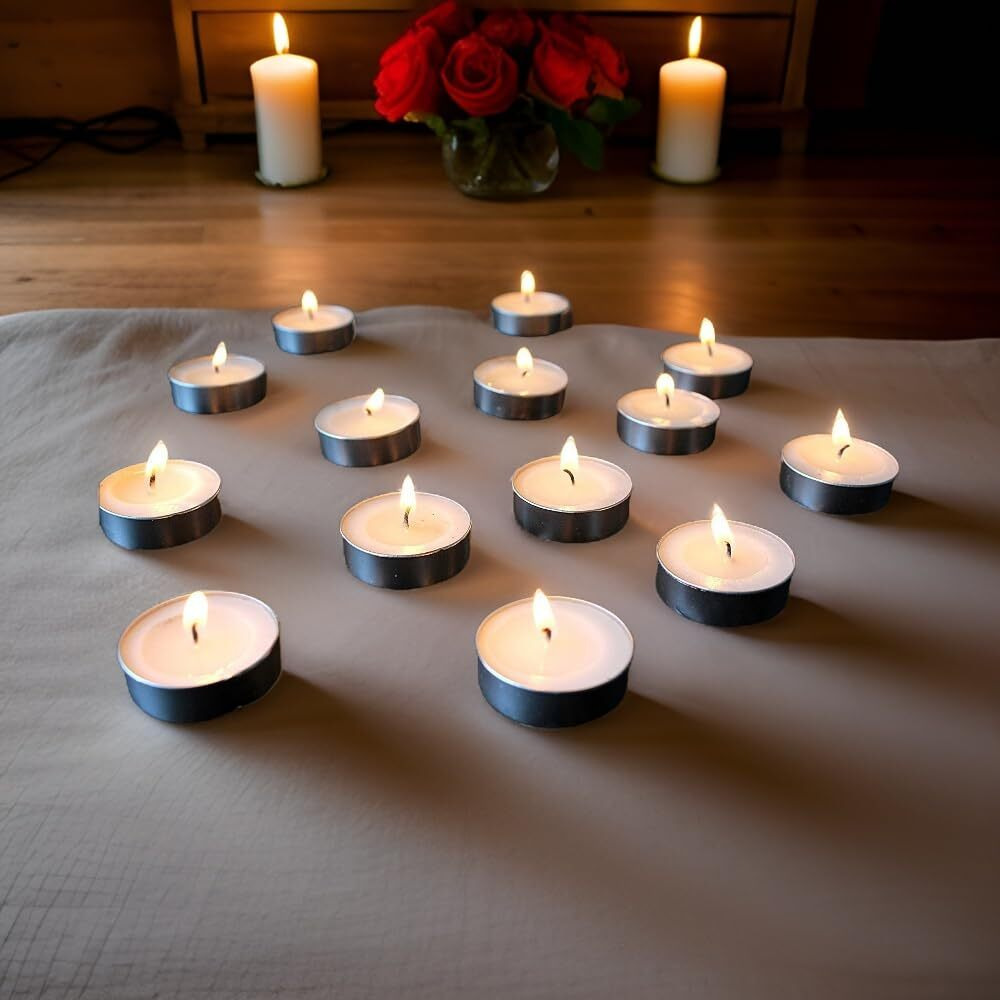 Ein Sof Long Time Burning Tealight Candles Set of 50 pcs, 4 5 hours True Long Lasting Home Decoration Tea Lights, White Unscented Candle Light Dinner Lamps