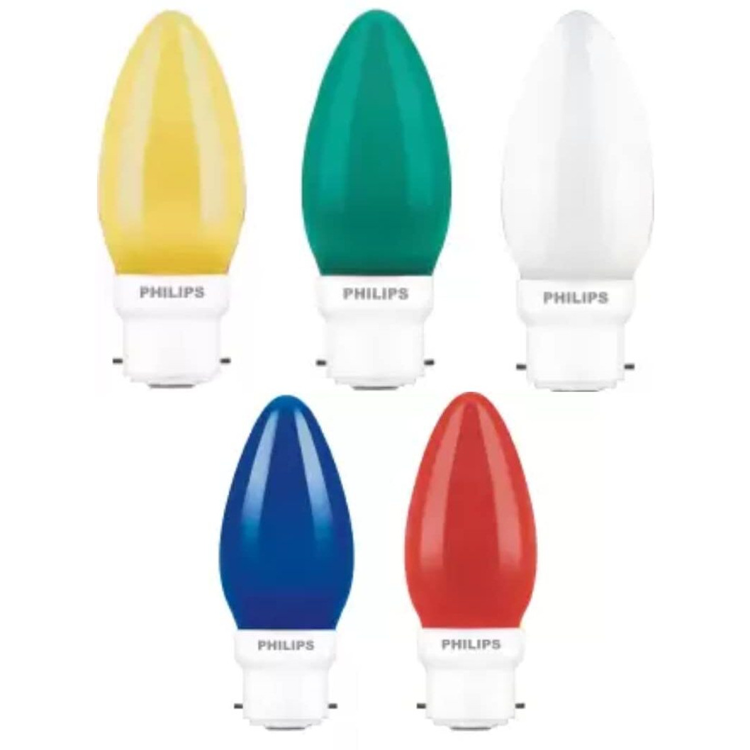 Philips 0.5-watt LED Candle Bulb | Deco Assorted Festive Range LED Candle Bulb | Colored LED Candle Bulb for Decoration, Bulb Base B22 | Pack 5 Colors, 1 Unit/Each (White,Yellow,Green,Blue & Red)