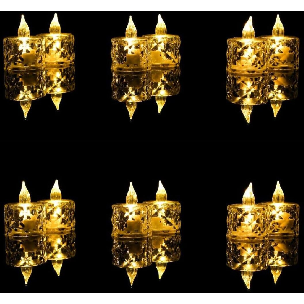 Ein Sof 12 Pcs Flameless and Smokeless Decorative Crystal Candles Transparent Acrylic Led Tea Light Candle for decoration (12 Pieces, Yellow, 5 cm)