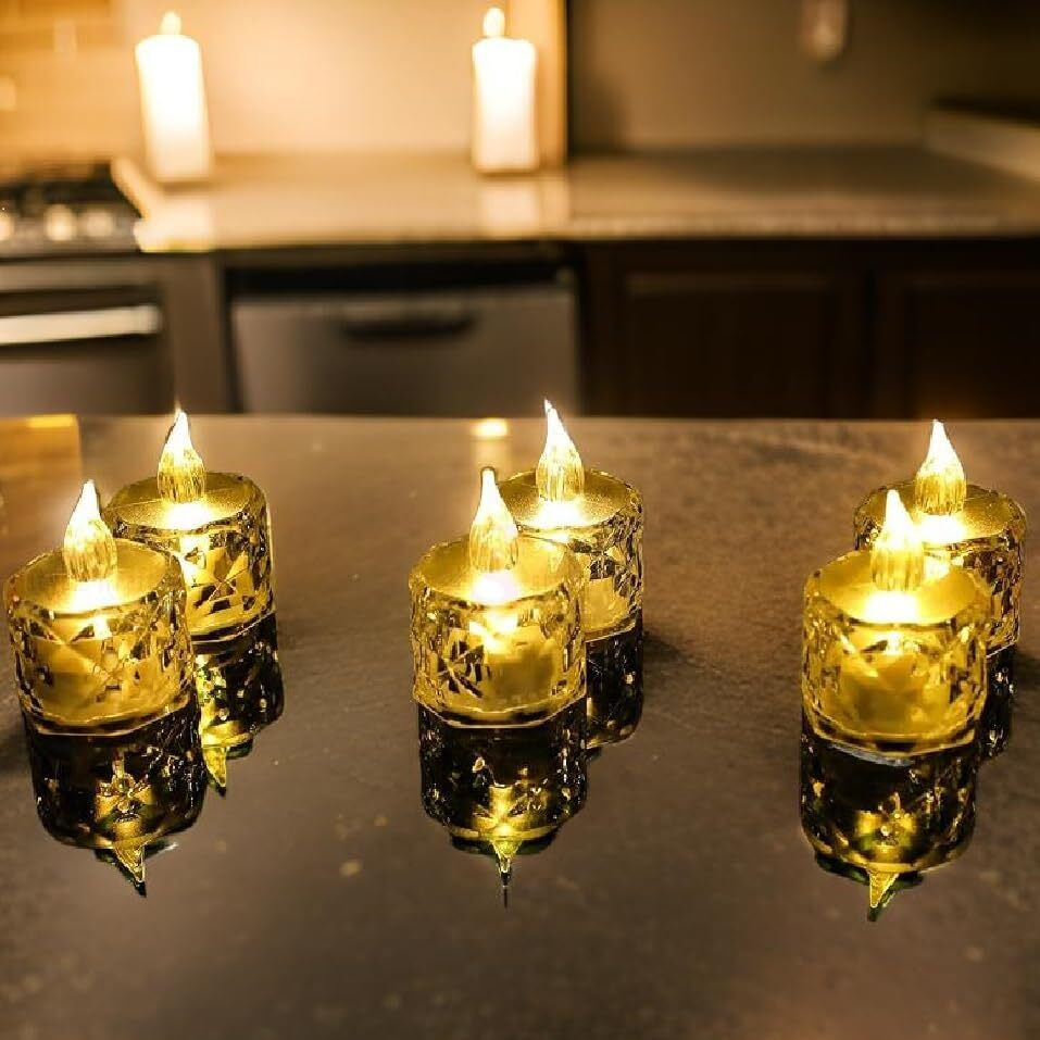 Ein Sof 12 Pcs Flameless and Smokeless Decorative Crystal Candles Transparent Acrylic Led Tea Light Candle for decoration (12 Pieces, Yellow, 5 cm)