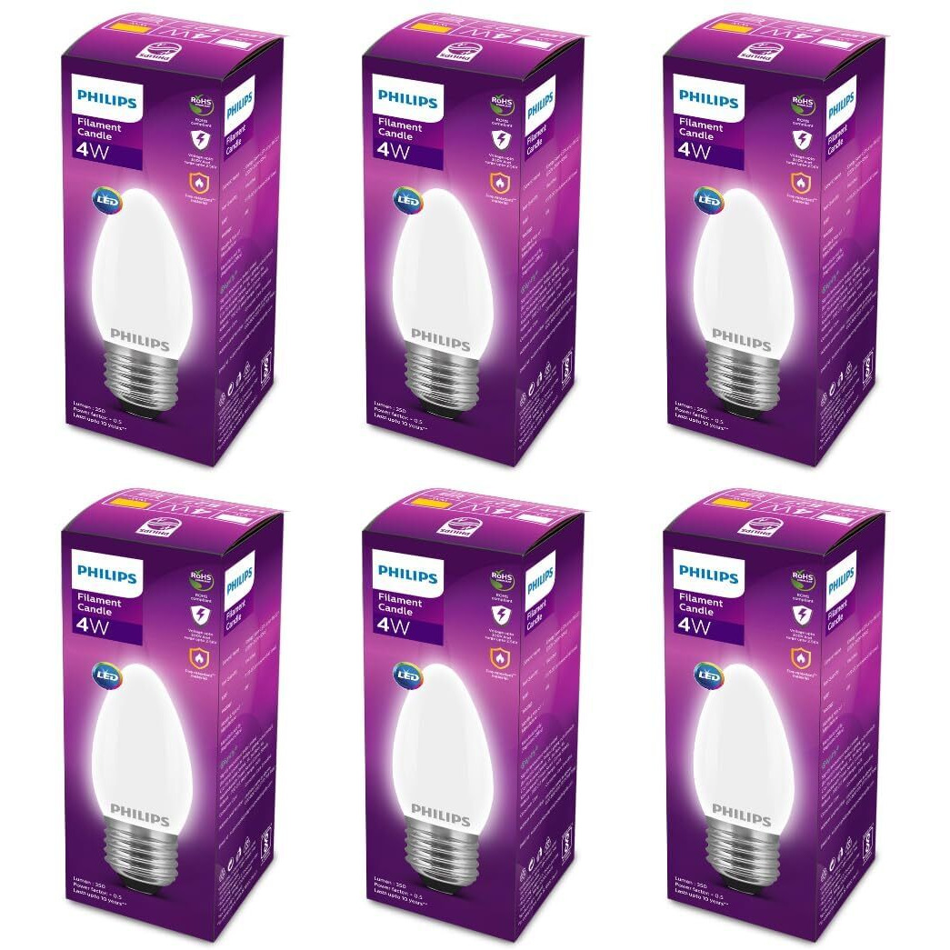 Philips 4-Watt 400-lumen Frosted Candle E27 Base (Cool White, Pack of 6) - Decorative, Ambience for Chandeliers, Wall lights, Desk lamps, Floor lamps