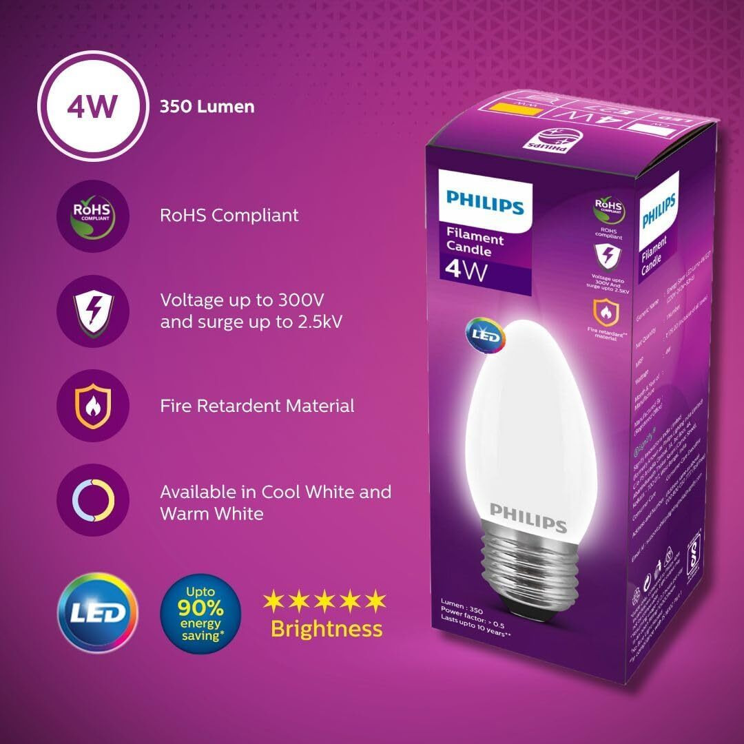 Philips 4-Watt 400-lumen Frosted Candle E27 Base (Cool White, Pack of 6) - Decorative, Ambience for Chandeliers, Wall lights, Desk lamps, Floor lamps
