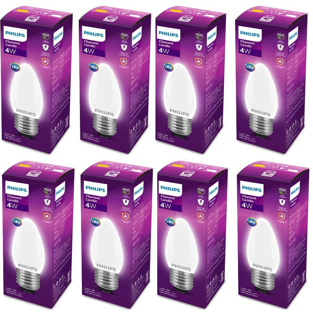 Philips 4-Watt 400-lumen Frosted Candle E27 Base (Cool White, Pack of 8) - Decorative, Ambience for Chandeliers, Wall lights, Desk lamps, Floor lamps