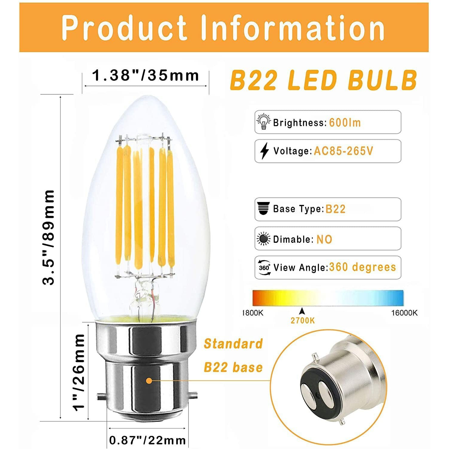 CITRA Vintage Led Light Bulb Candle B22D Base Warm White 4W - 2 Packs