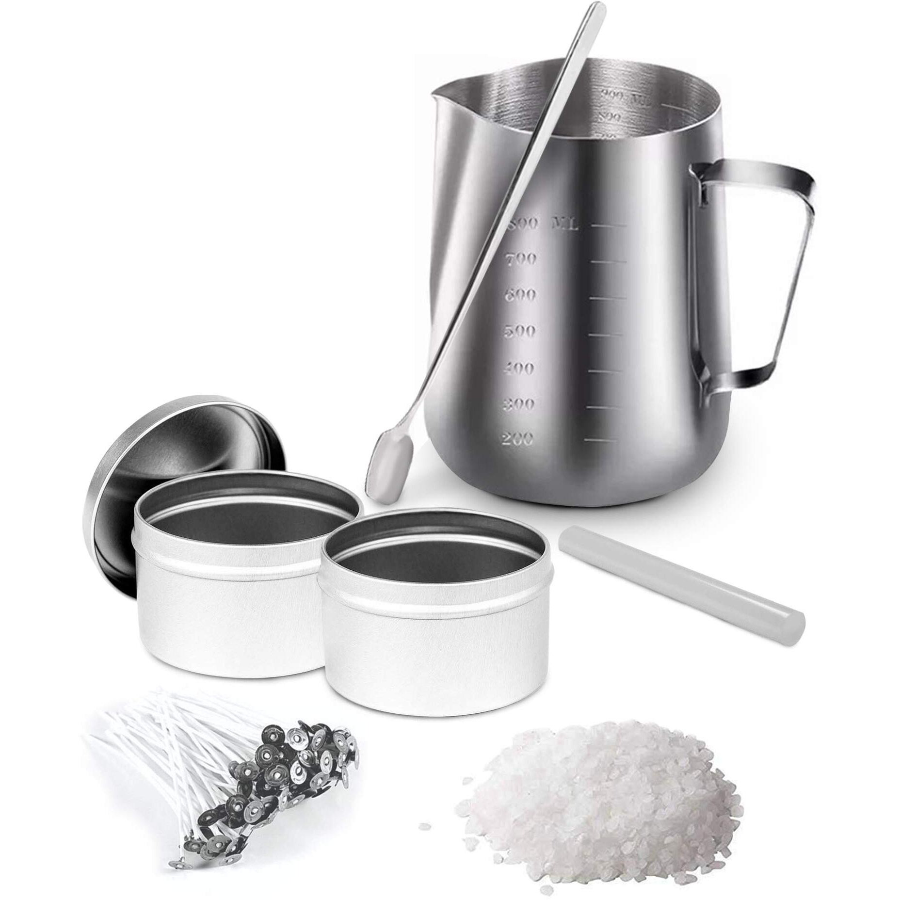 AuraDecor Candle Making Kit for DIY Projects, (Includes 1 Wax Pouring Kettle (800 ml), 1/2 Kg Paraffin Wax, 20 Wick (3 inch), 1 Glue Stick, 1 Stirring Spoon & 2 Containers, Silver)