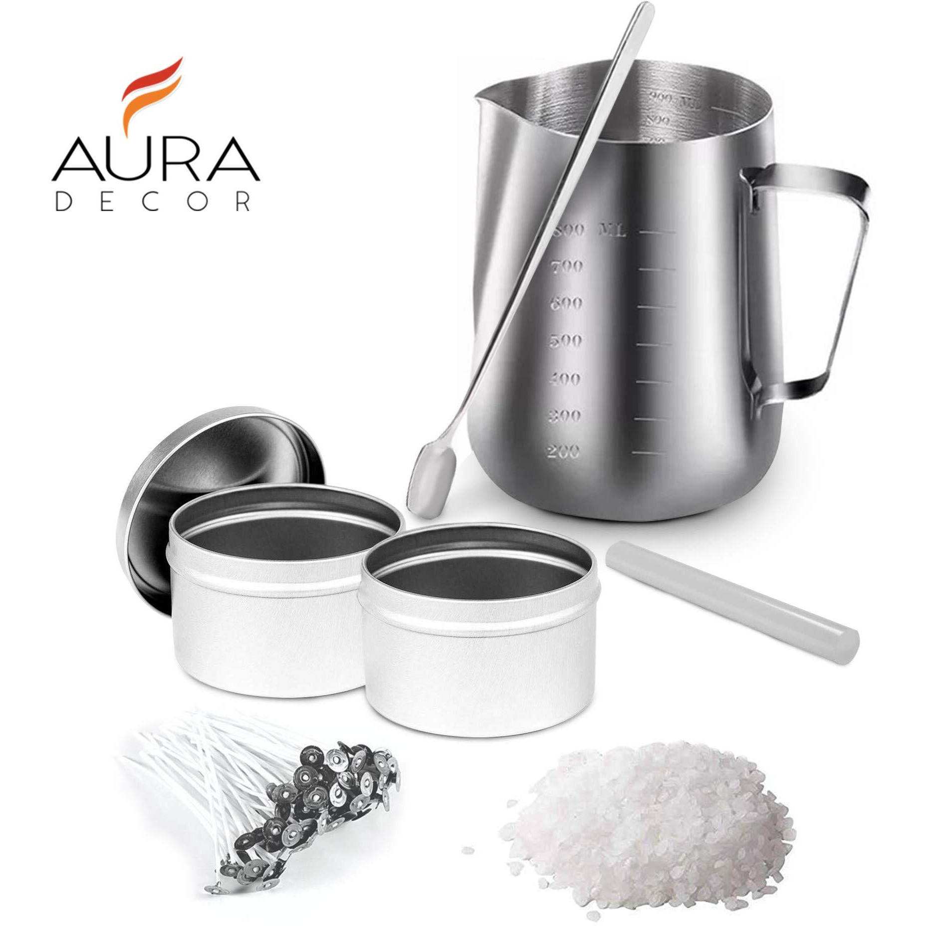 AuraDecor Candle Making Kit for DIY Projects, (Includes 1 Wax Pouring Kettle (800 ml), 1/2 Kg Paraffin Wax, 20 Wick (3 inch), 1 Glue Stick, 1 Stirring Spoon & 2 Containers, Silver)